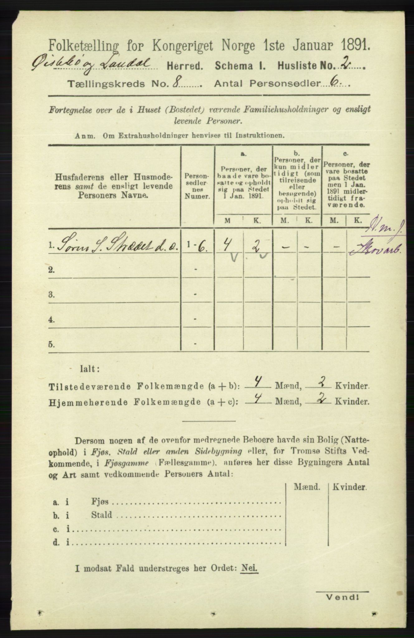 RA, Folketelling 1891 for 1021 Øyslebø og Laudal herred, 1891, s. 2056