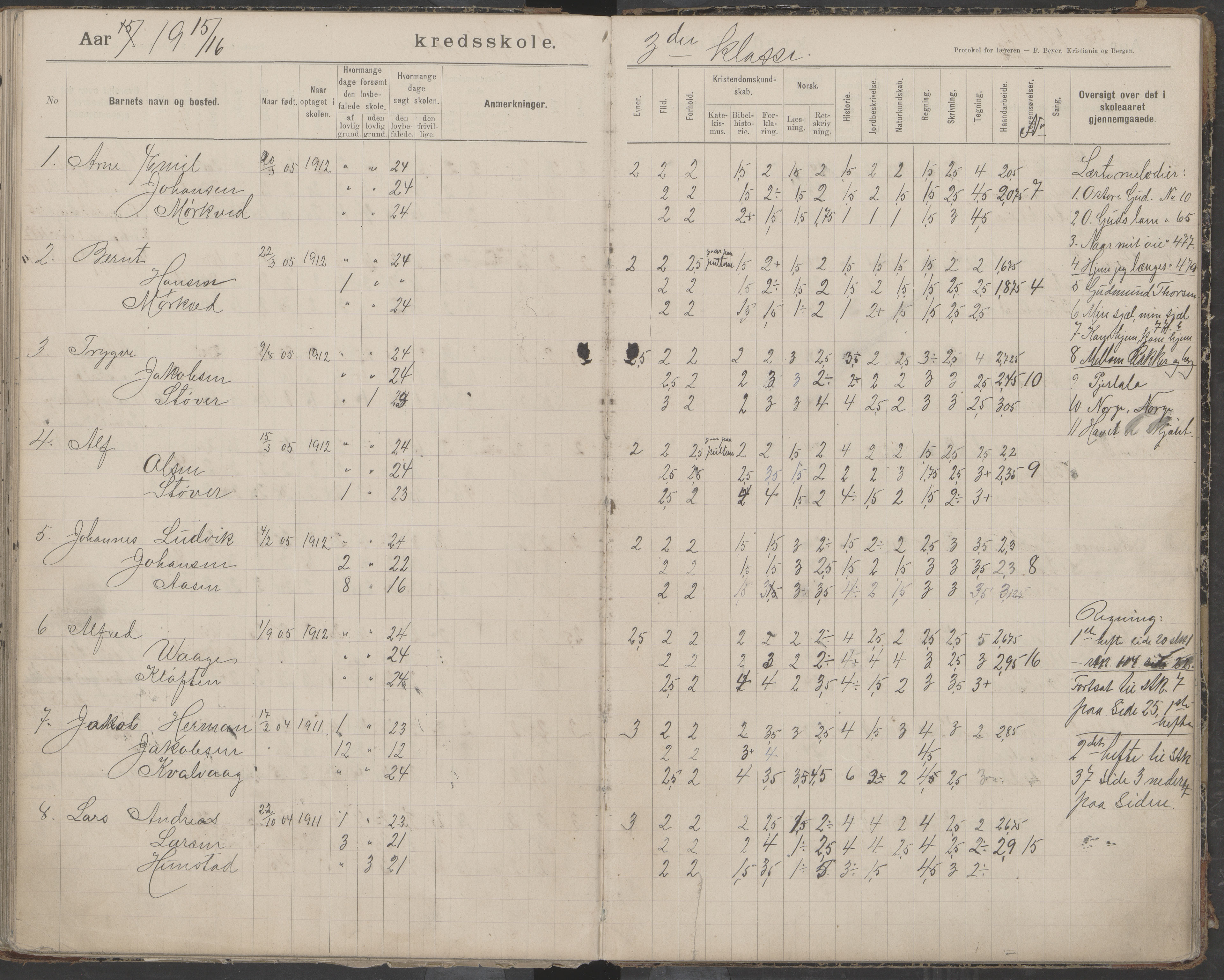 Bodin kommune. Støver skolekrets, AIN/K-18431.510.07/F/Fa/L0006: Protokoll lærere i Støver skolekrets, 1908-1918