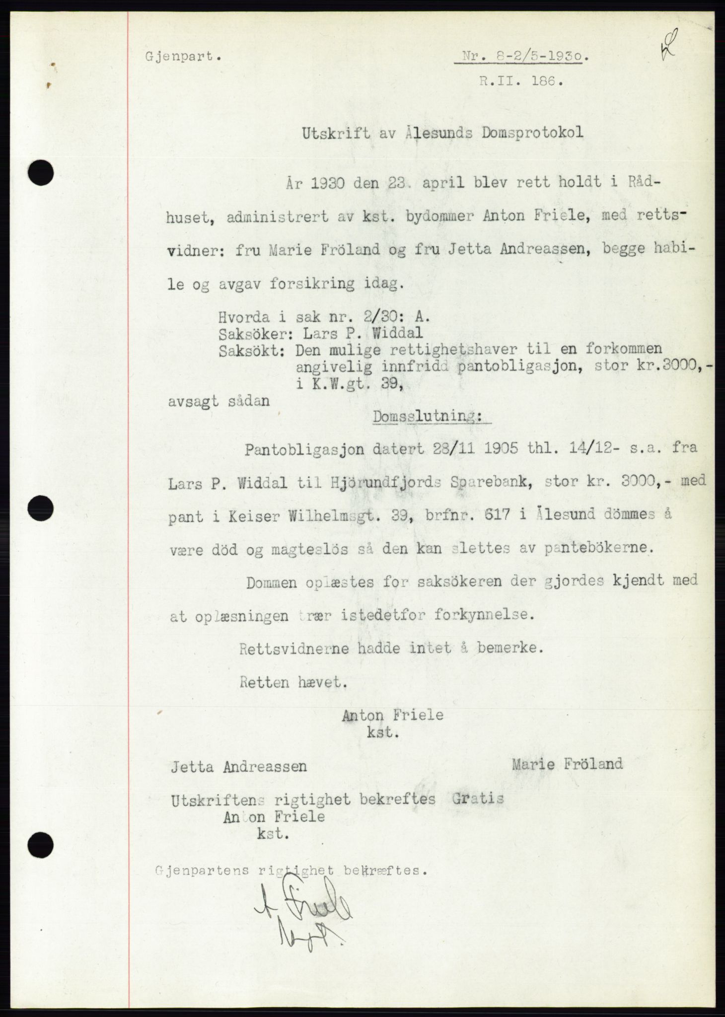 Ålesund byfogd, AV/SAT-A-4384: Pantebok nr. 26, 1930-1930, Tingl.dato: 02.05.1930