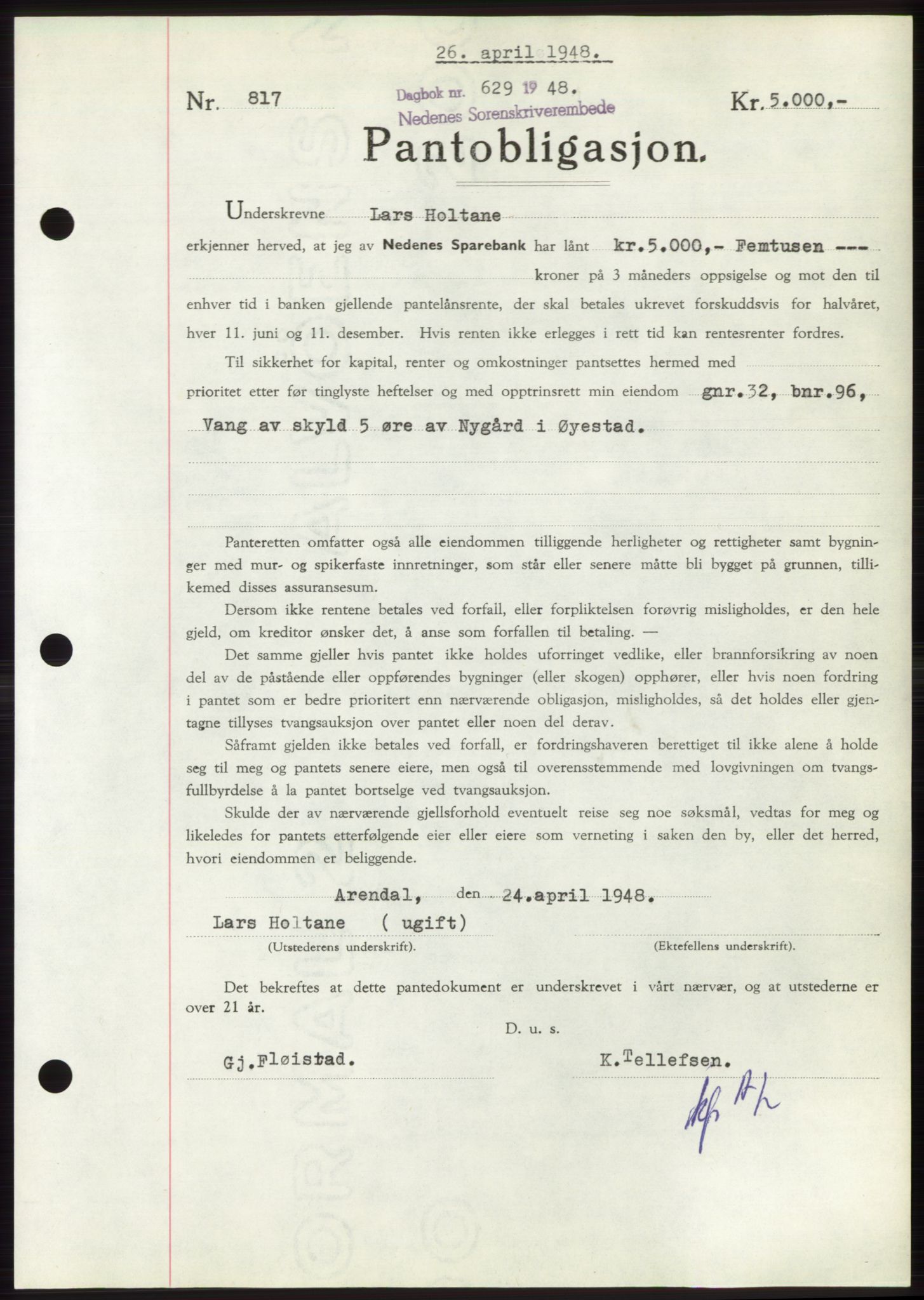 Nedenes sorenskriveri, AV/SAK-1221-0006/G/Gb/Gbb/L0005: Pantebok nr. B5, 1948-1948, Dagboknr: 629/1948
