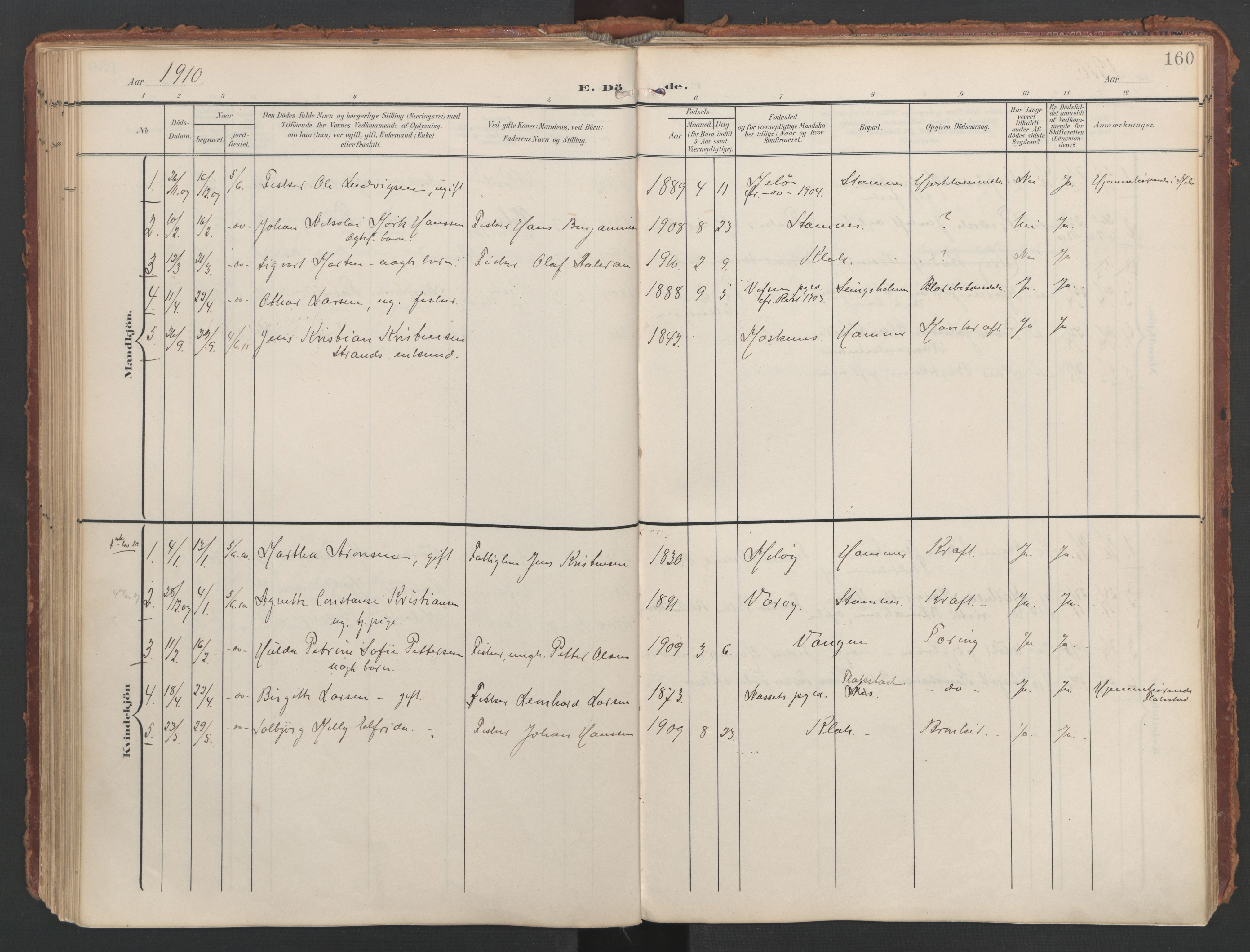 Ministerialprotokoller, klokkerbøker og fødselsregistre - Nordland, AV/SAT-A-1459/808/L0129: Ministerialbok nr. 808A02, 1903-1931, s. 160