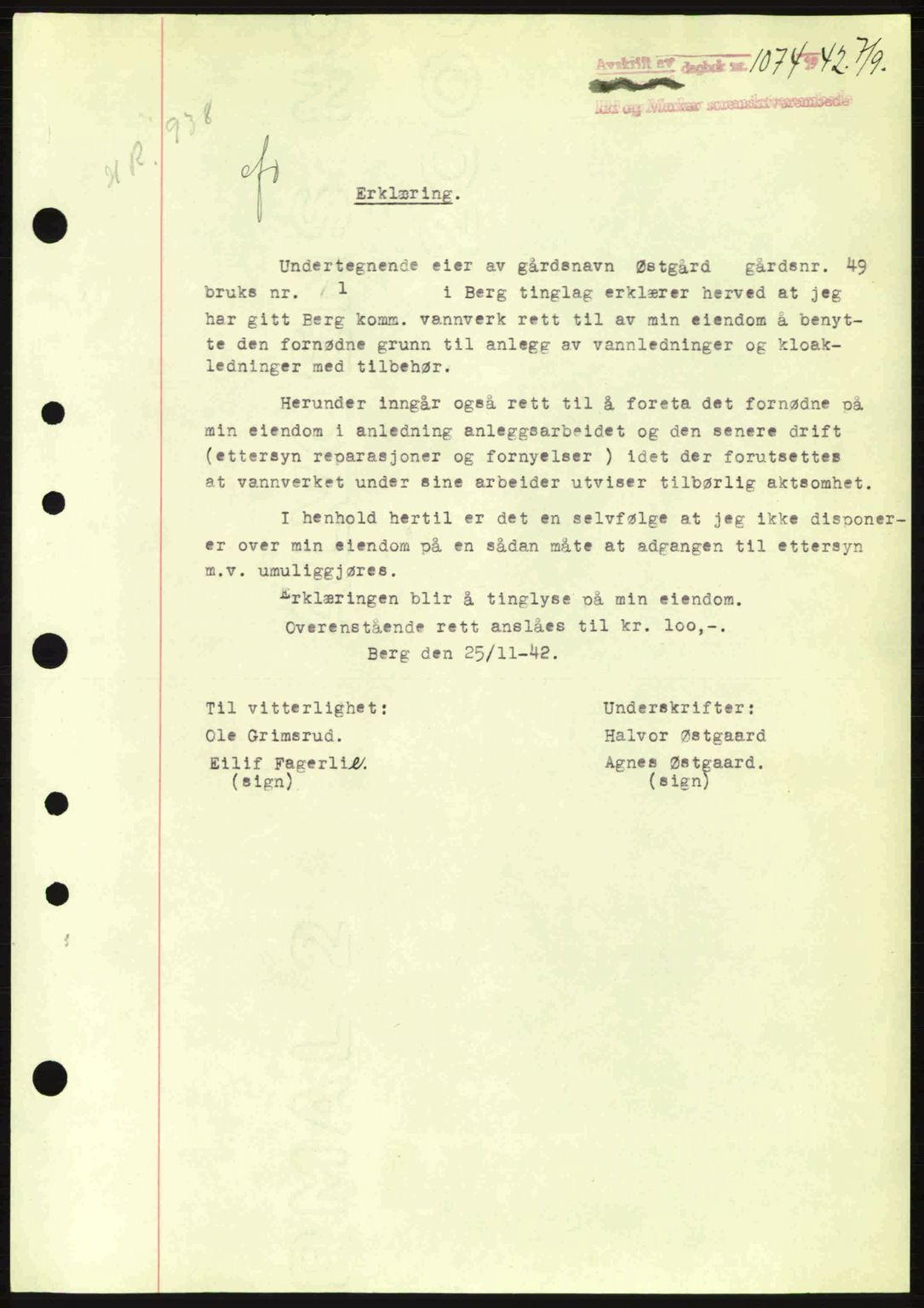 Idd og Marker sorenskriveri, AV/SAO-A-10283/G/Gb/Gbb/L0005: Pantebok nr. A5, 1941-1943, Dagboknr: 1074/1942
