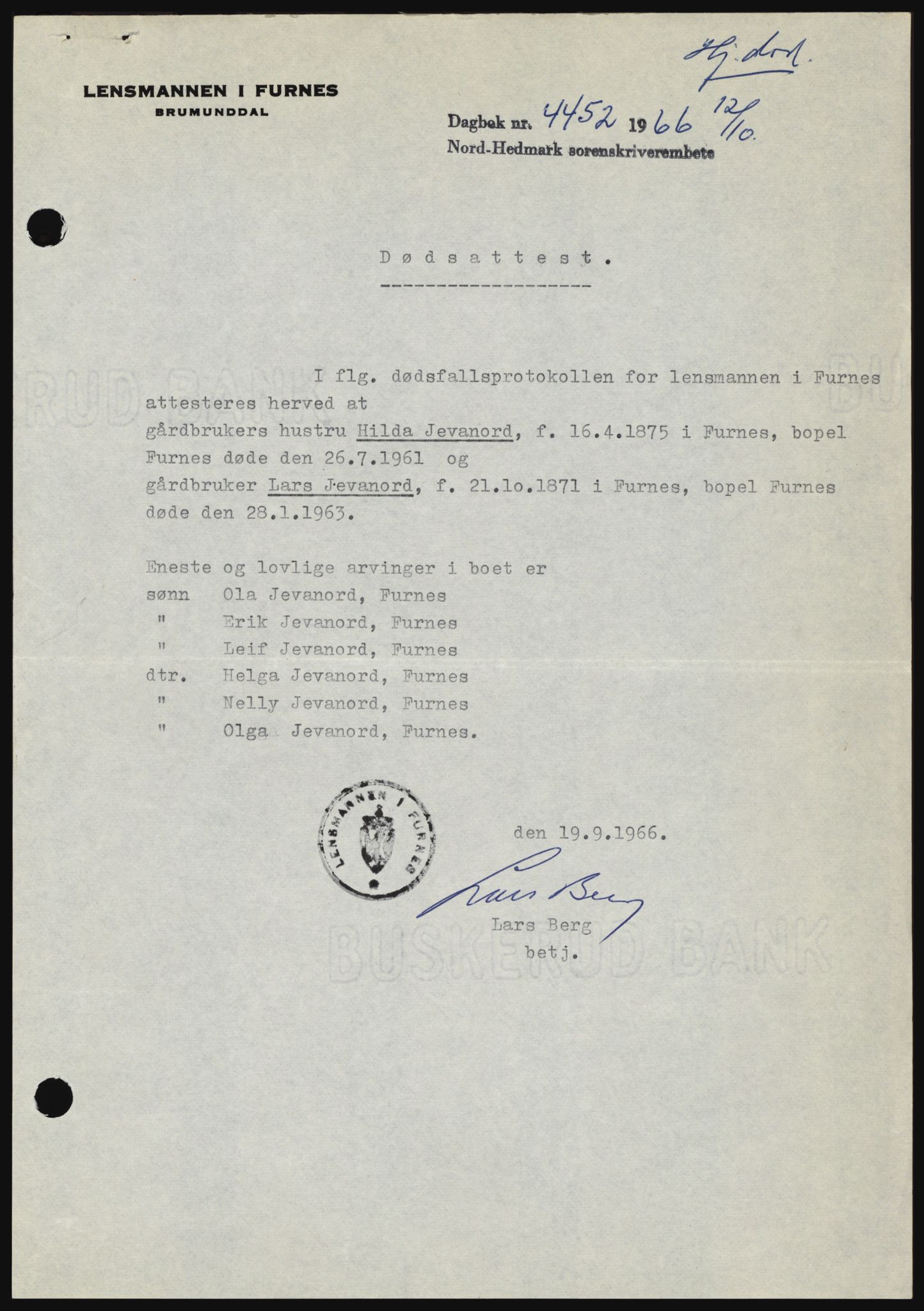 Nord-Hedmark sorenskriveri, SAH/TING-012/H/Hc/L0024: Pantebok nr. 24, 1966-1966, Dagboknr: 4452/1966
