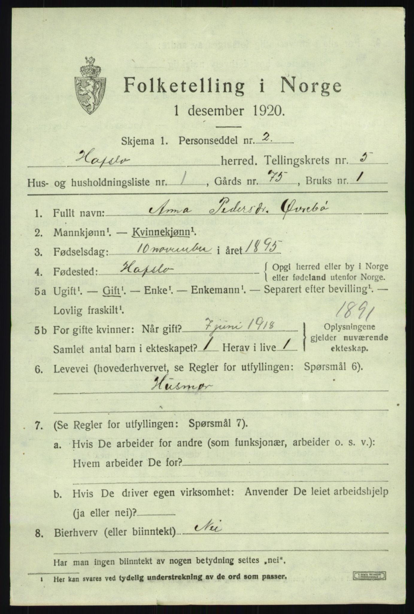 SAB, Folketelling 1920 for 1425 Hafslo herred, 1920, s. 3872