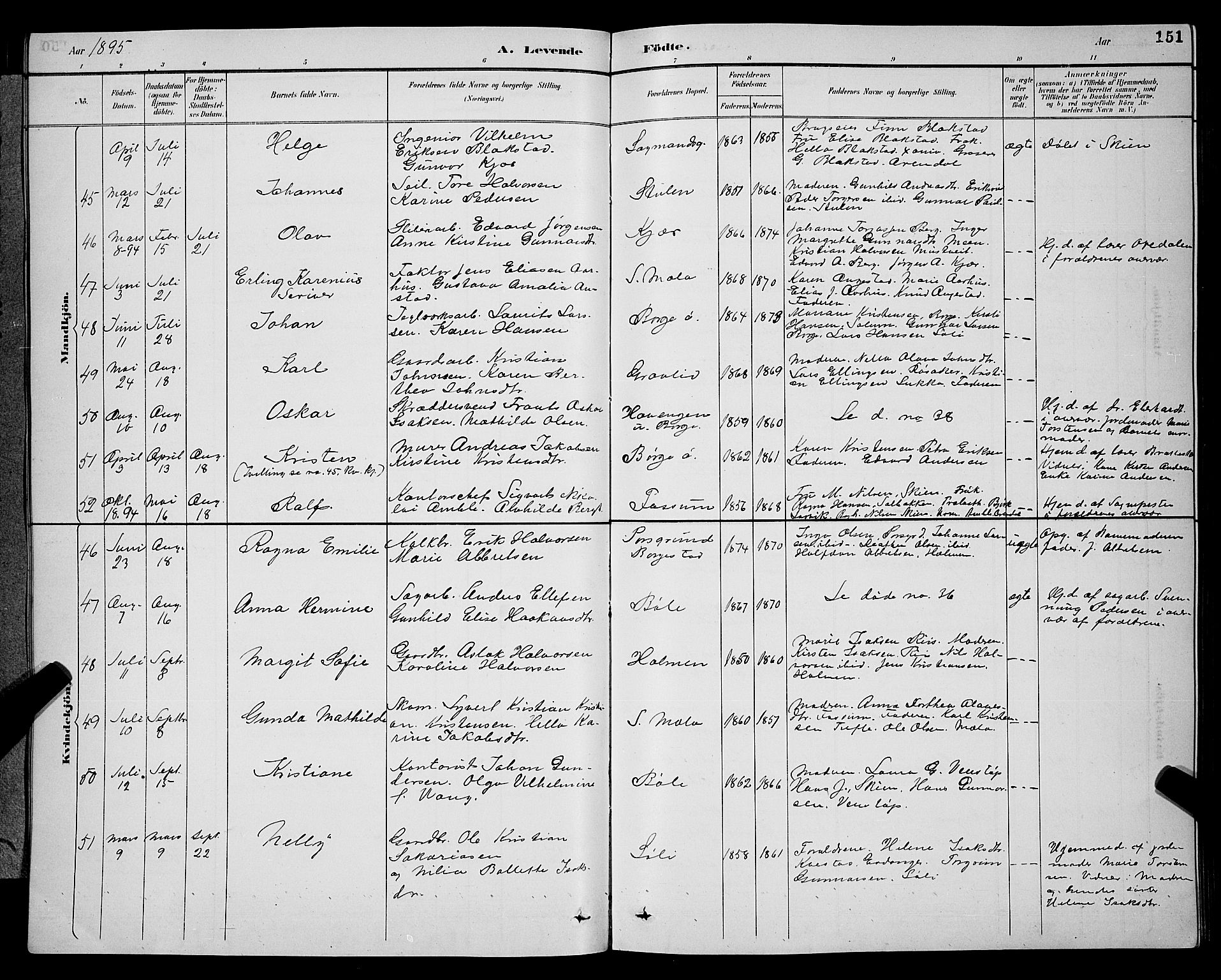 Gjerpen kirkebøker, AV/SAKO-A-265/G/Ga/L0002: Klokkerbok nr. I 2, 1883-1900, s. 151