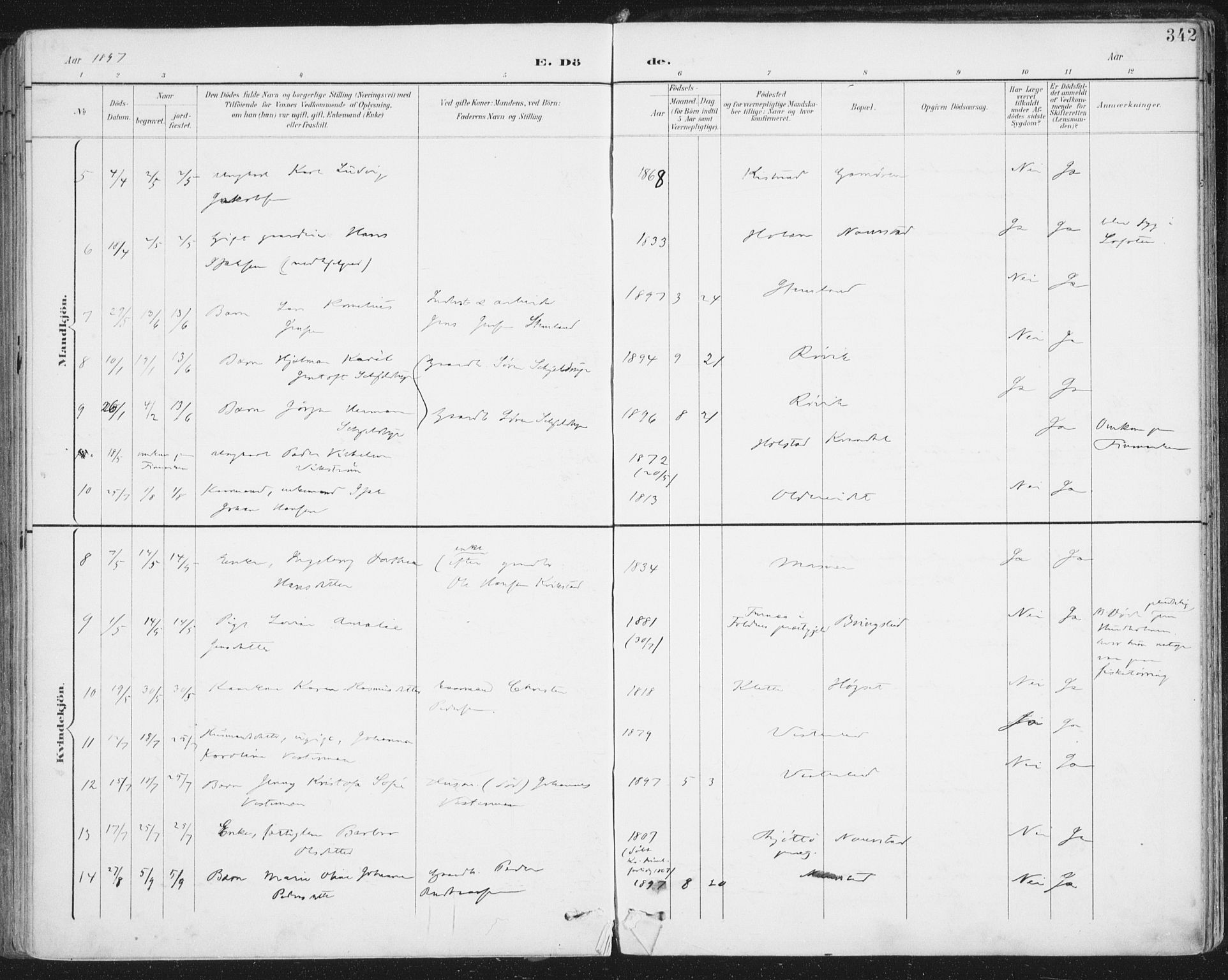 Ministerialprotokoller, klokkerbøker og fødselsregistre - Nordland, AV/SAT-A-1459/852/L0741: Ministerialbok nr. 852A11, 1894-1917, s. 342