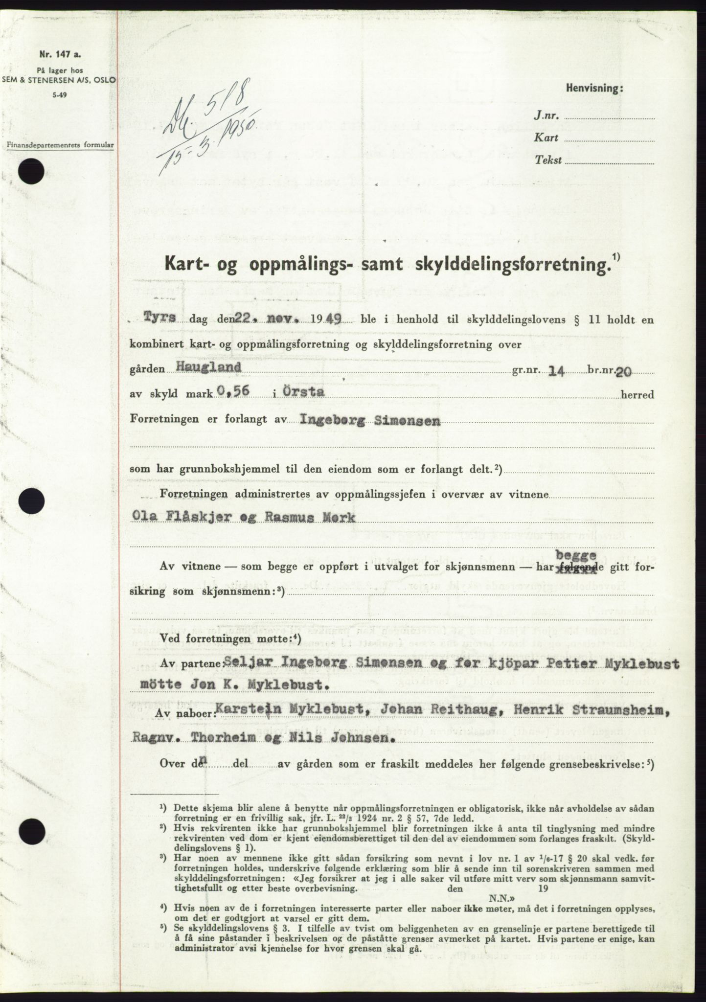 Søre Sunnmøre sorenskriveri, SAT/A-4122/1/2/2C/L0086: Pantebok nr. 12A, 1949-1950, Dagboknr: 518/1950