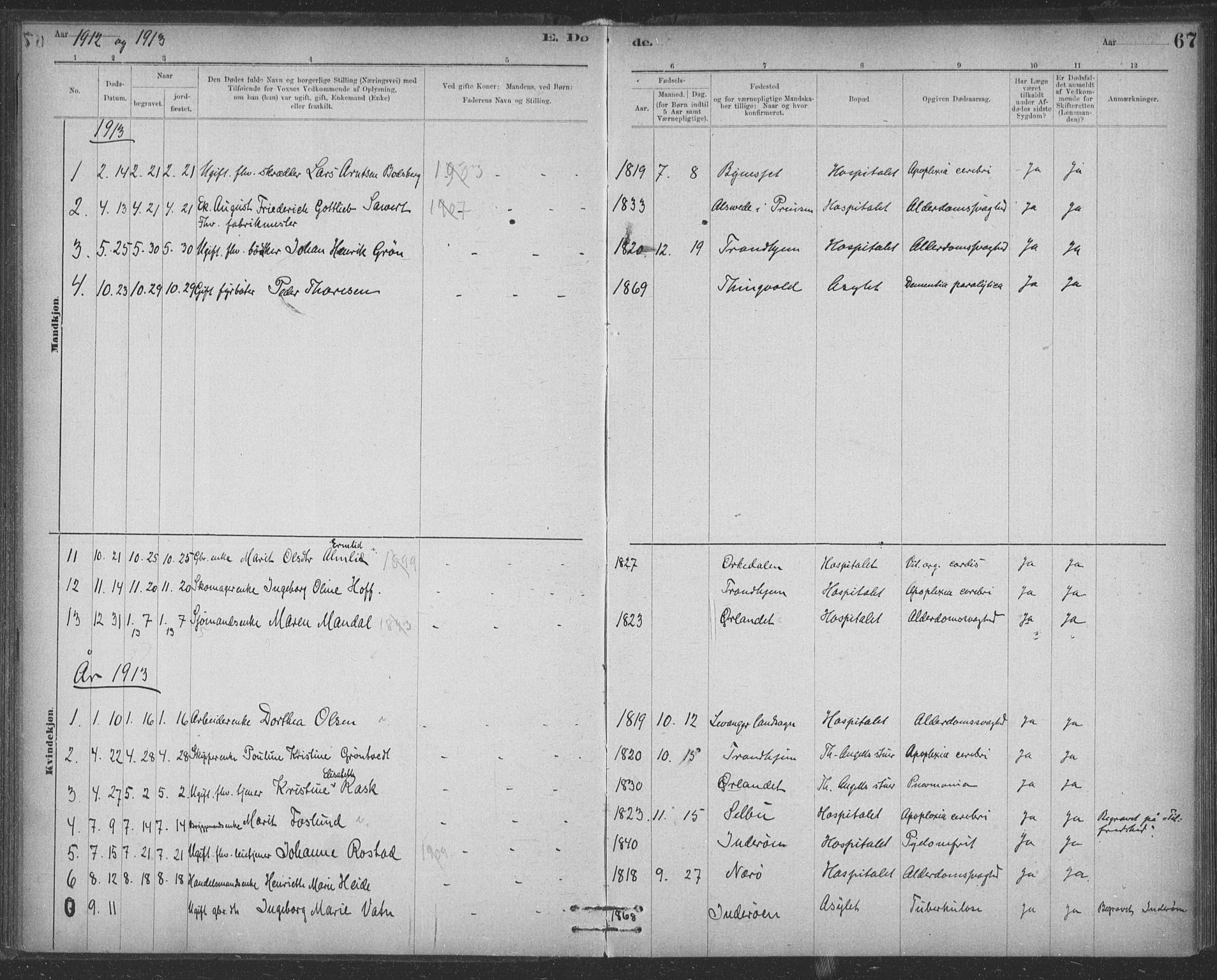 Ministerialprotokoller, klokkerbøker og fødselsregistre - Sør-Trøndelag, SAT/A-1456/623/L0470: Ministerialbok nr. 623A04, 1884-1938, s. 67