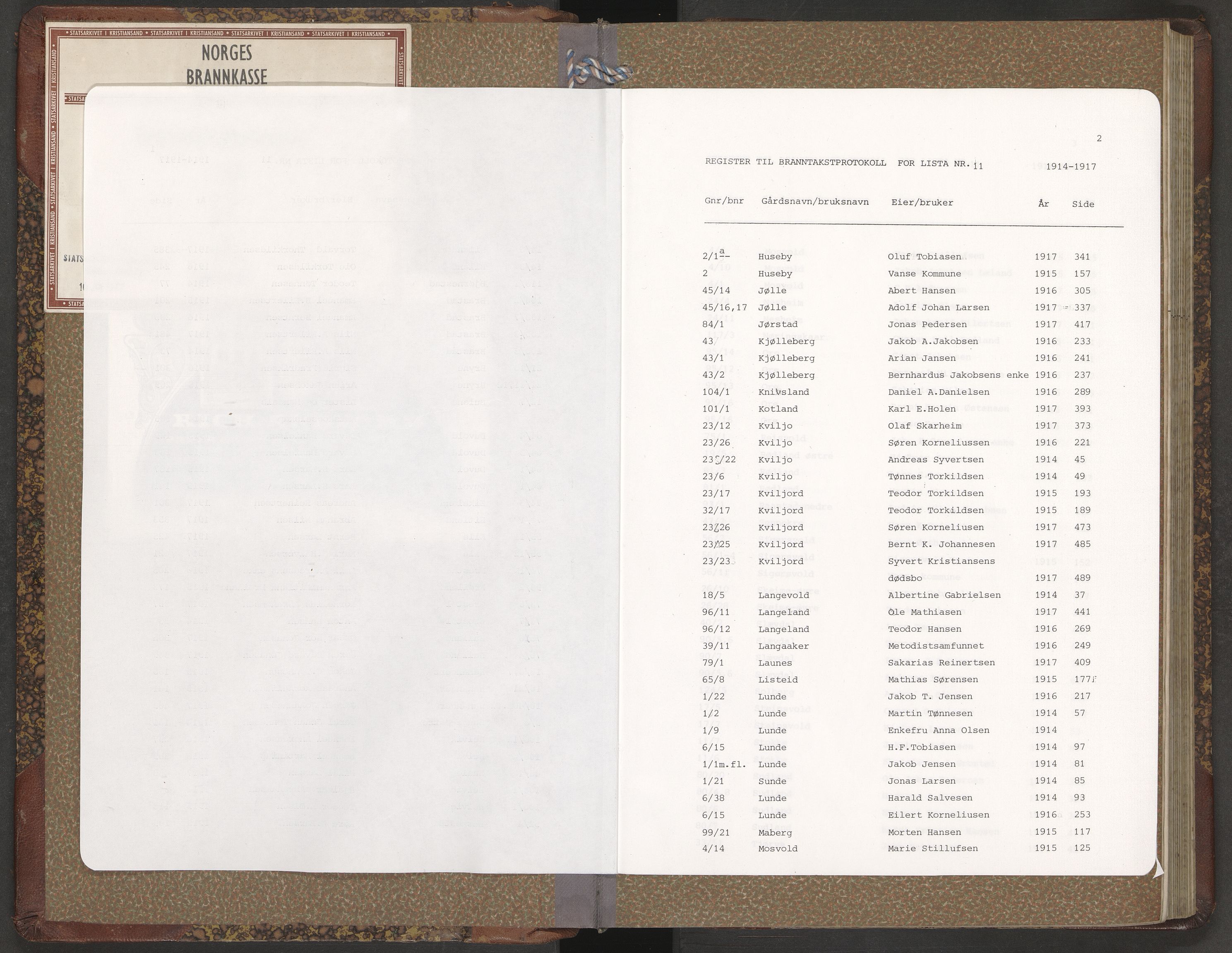 Norges Brannkasse Lista, AV/SAK-2241-0035/F/Fa/L0011: Branntakstprotokoll nr. 11 med gårdsnavnregister, 1914-1917