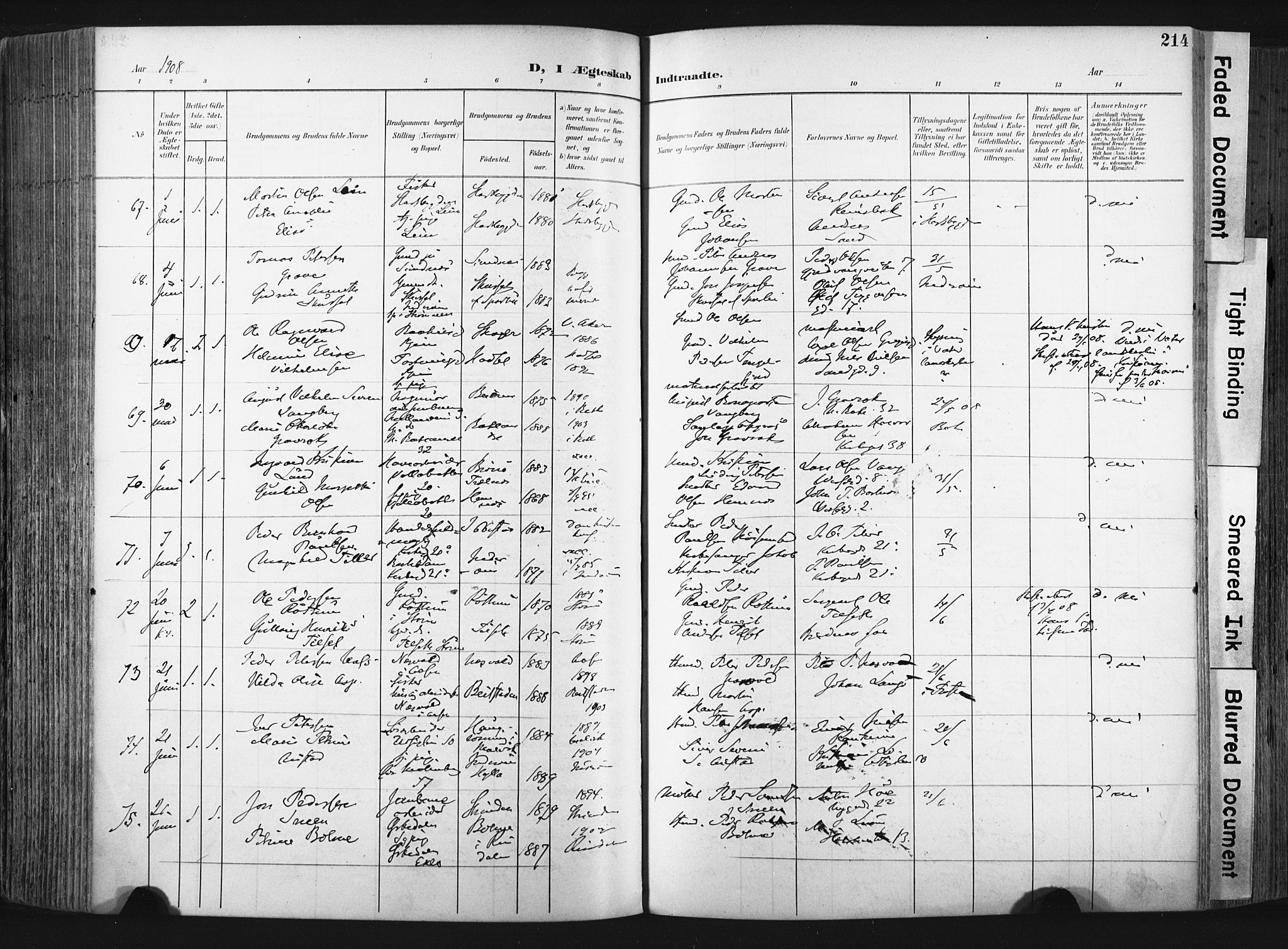 Ministerialprotokoller, klokkerbøker og fødselsregistre - Sør-Trøndelag, SAT/A-1456/604/L0201: Ministerialbok nr. 604A21, 1901-1911, s. 214