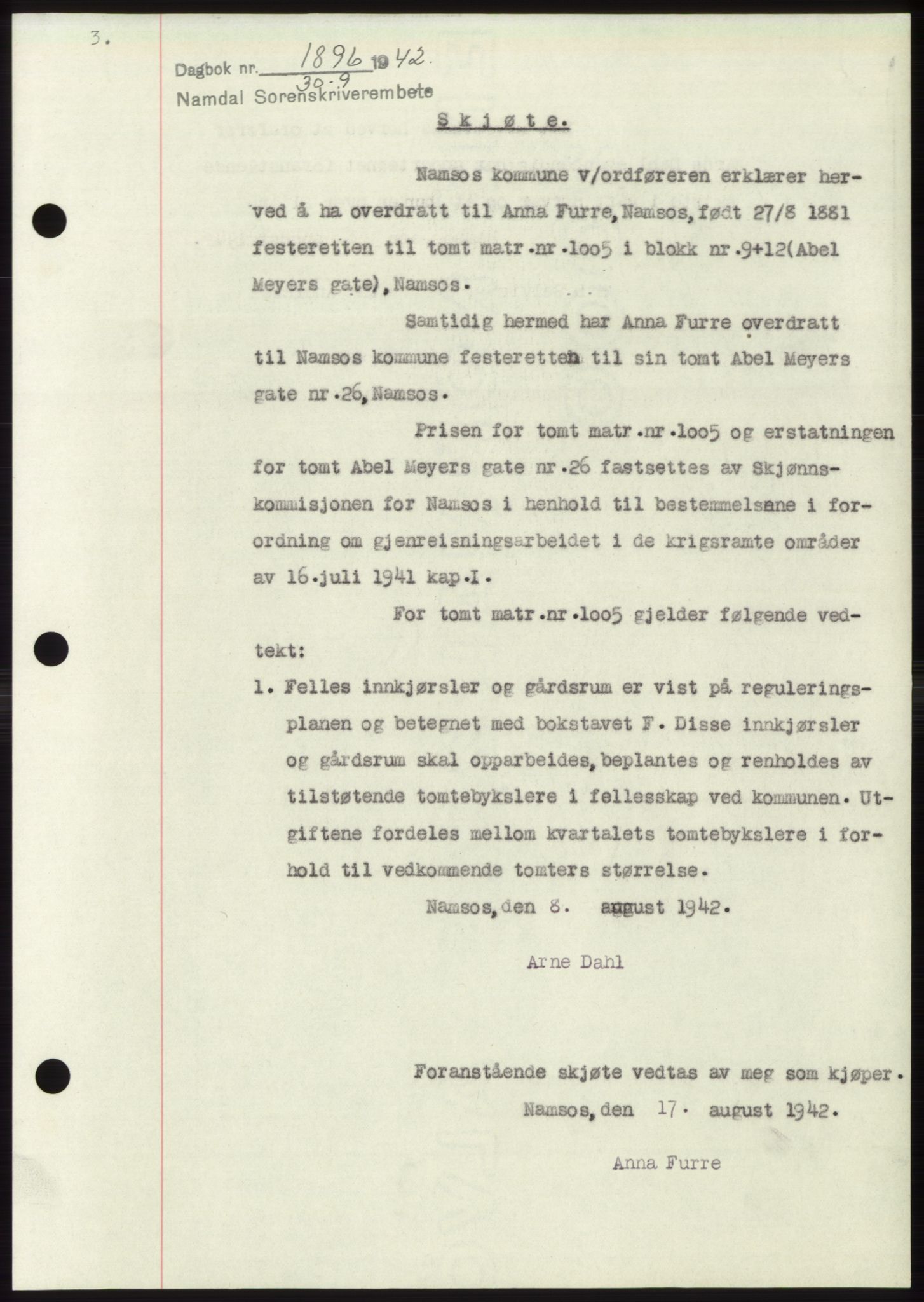 Namdal sorenskriveri, SAT/A-4133/1/2/2C: Pantebok nr. -, 1942-1943, Dagboknr: 1896/1942