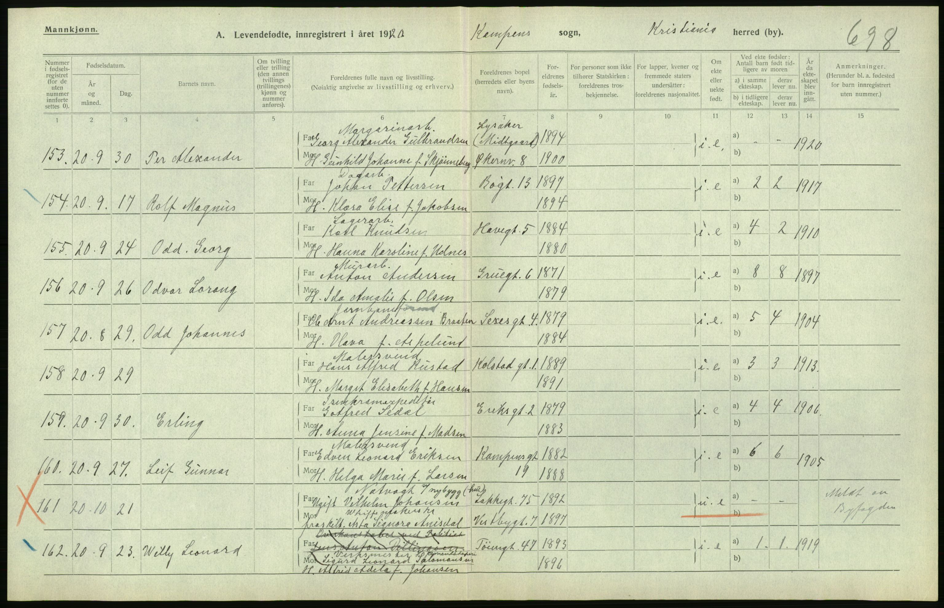 Statistisk sentralbyrå, Sosiodemografiske emner, Befolkning, AV/RA-S-2228/D/Df/Dfb/Dfbj/L0008: Kristiania: Levendefødte menn og kvinner., 1920, s. 222