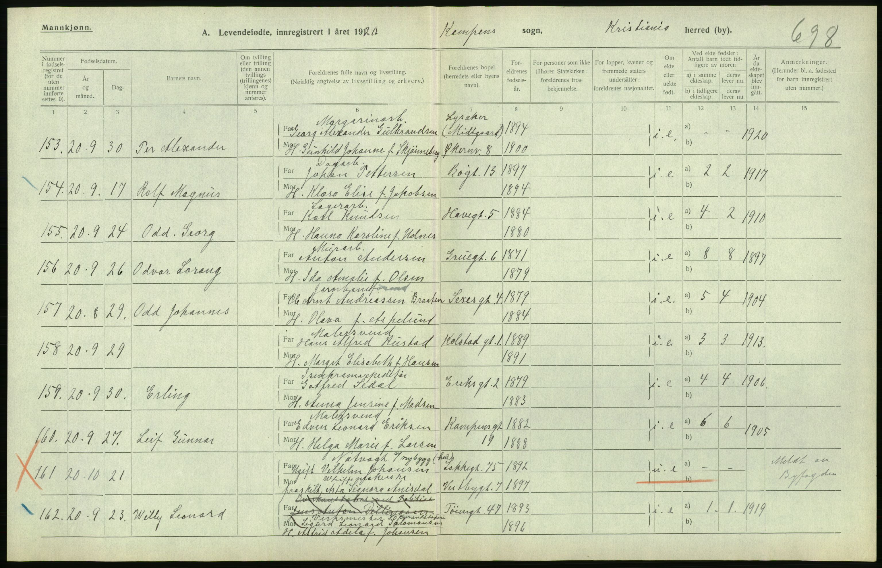 Statistisk sentralbyrå, Sosiodemografiske emner, Befolkning, AV/RA-S-2228/D/Df/Dfb/Dfbj/L0008: Kristiania: Levendefødte menn og kvinner., 1920, s. 222