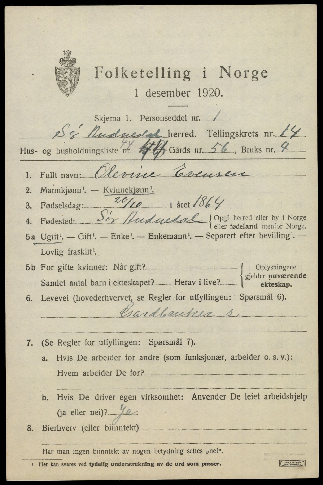 SAK, Folketelling 1920 for 1029 Sør-Audnedal herred, 1920, s. 5593