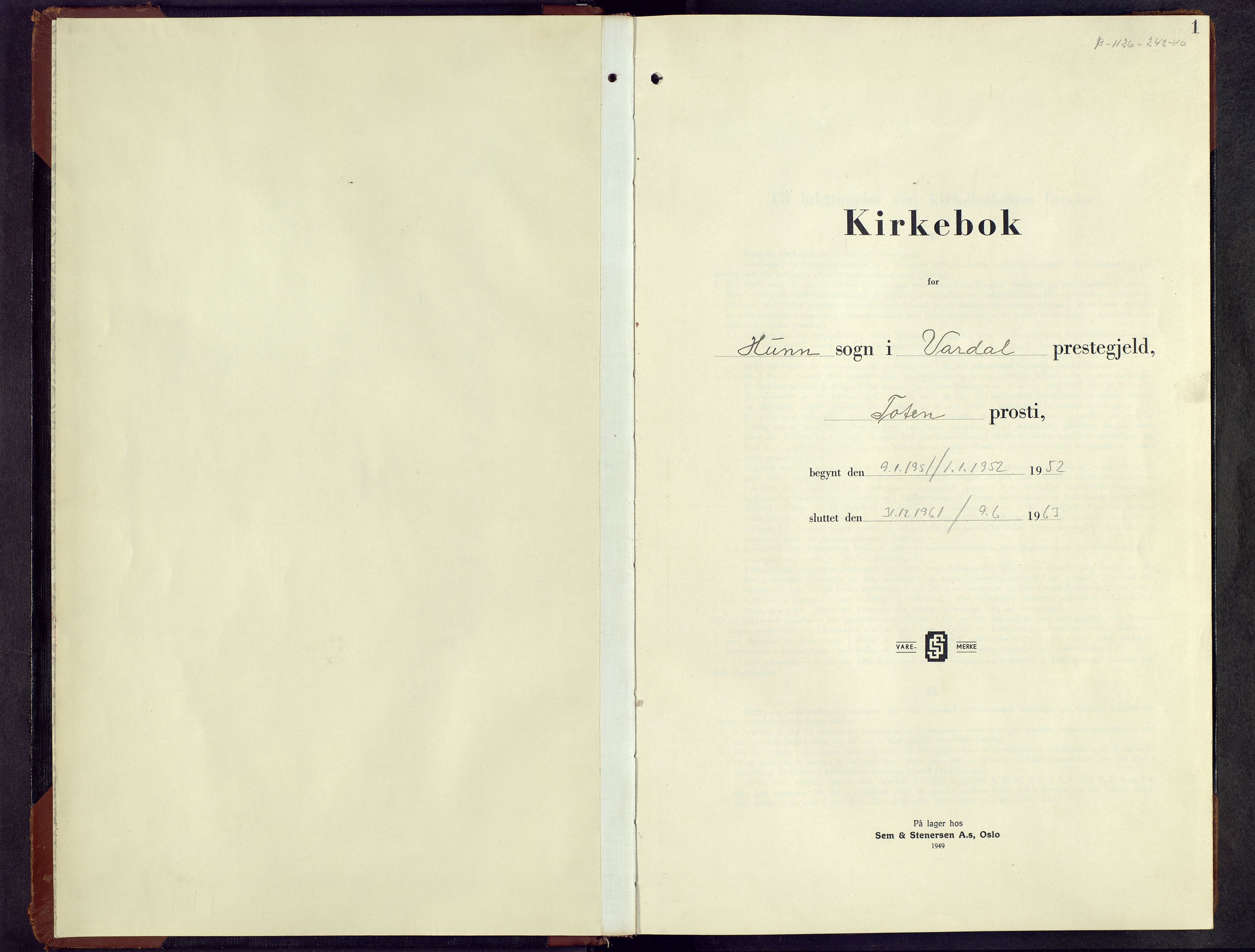 Vardal prestekontor, SAH/PREST-100/H/Ha/Hab/L0020: Klokkerbok nr. 20, 1951-1963, s. 1