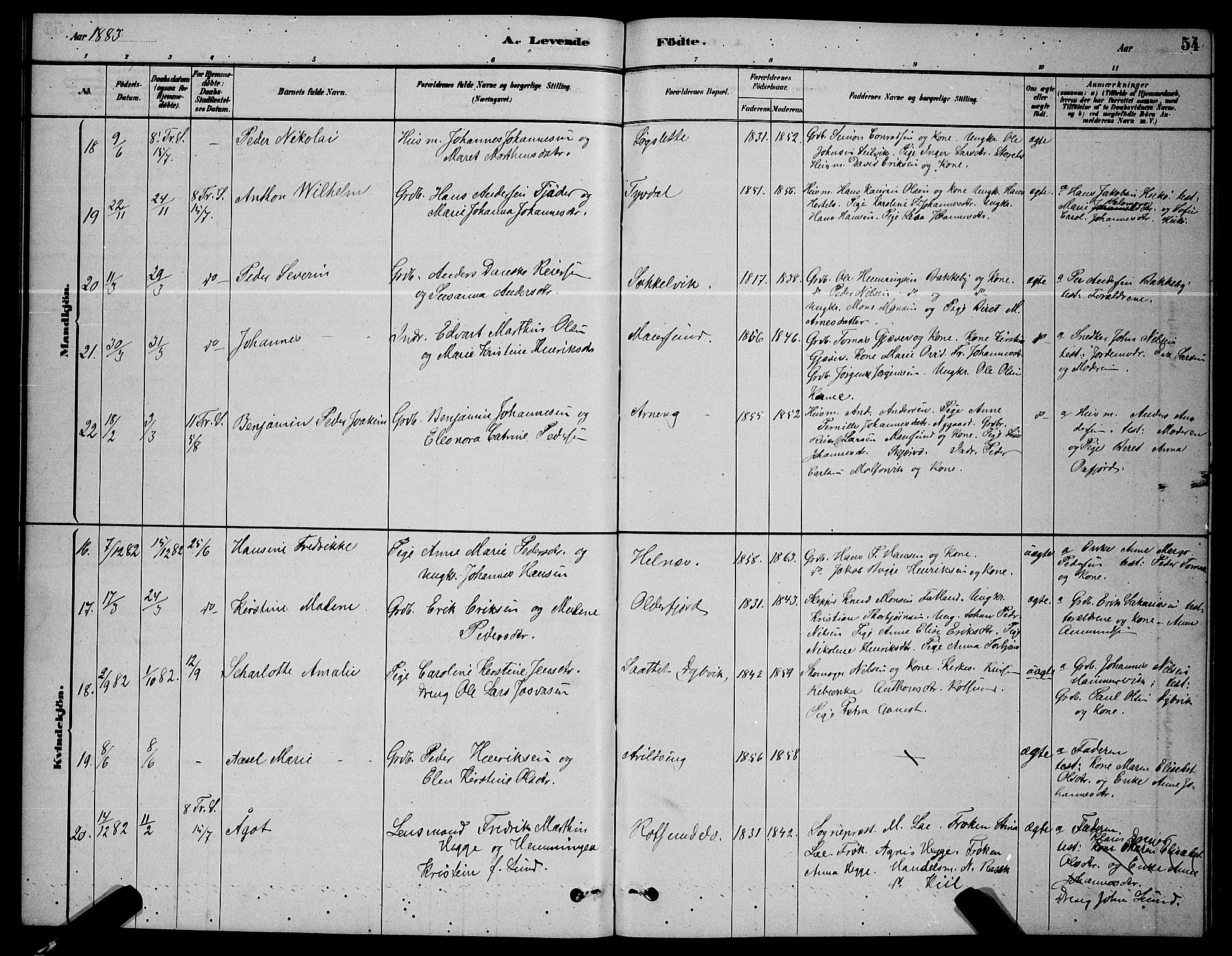 Skjervøy sokneprestkontor, AV/SATØ-S-1300/H/Ha/Hab/L0006klokker: Klokkerbok nr. 6, 1878-1888, s. 54