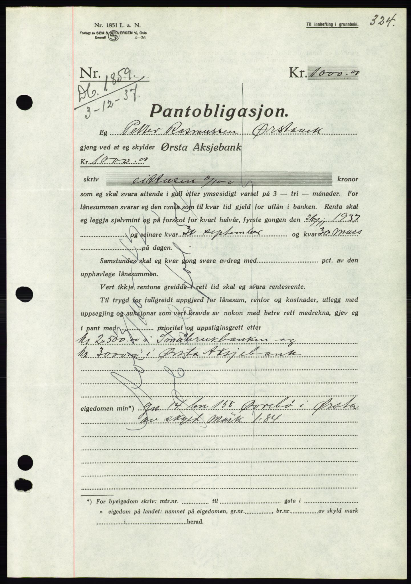 Søre Sunnmøre sorenskriveri, AV/SAT-A-4122/1/2/2C/L0064: Pantebok nr. 58, 1937-1938, Dagboknr: 1859/1937