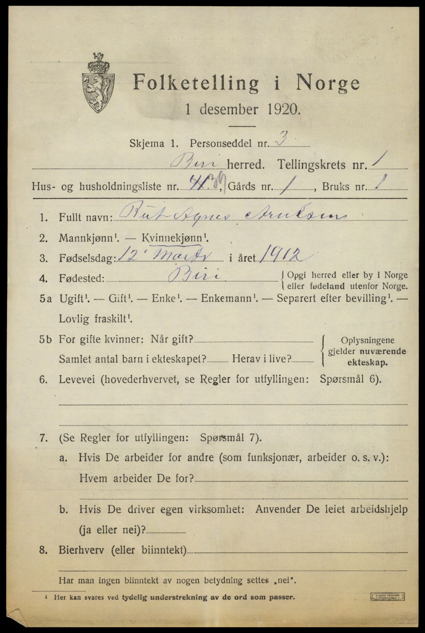 SAH, Folketelling 1920 for 0525 Biri herred, 1920, s. 1537