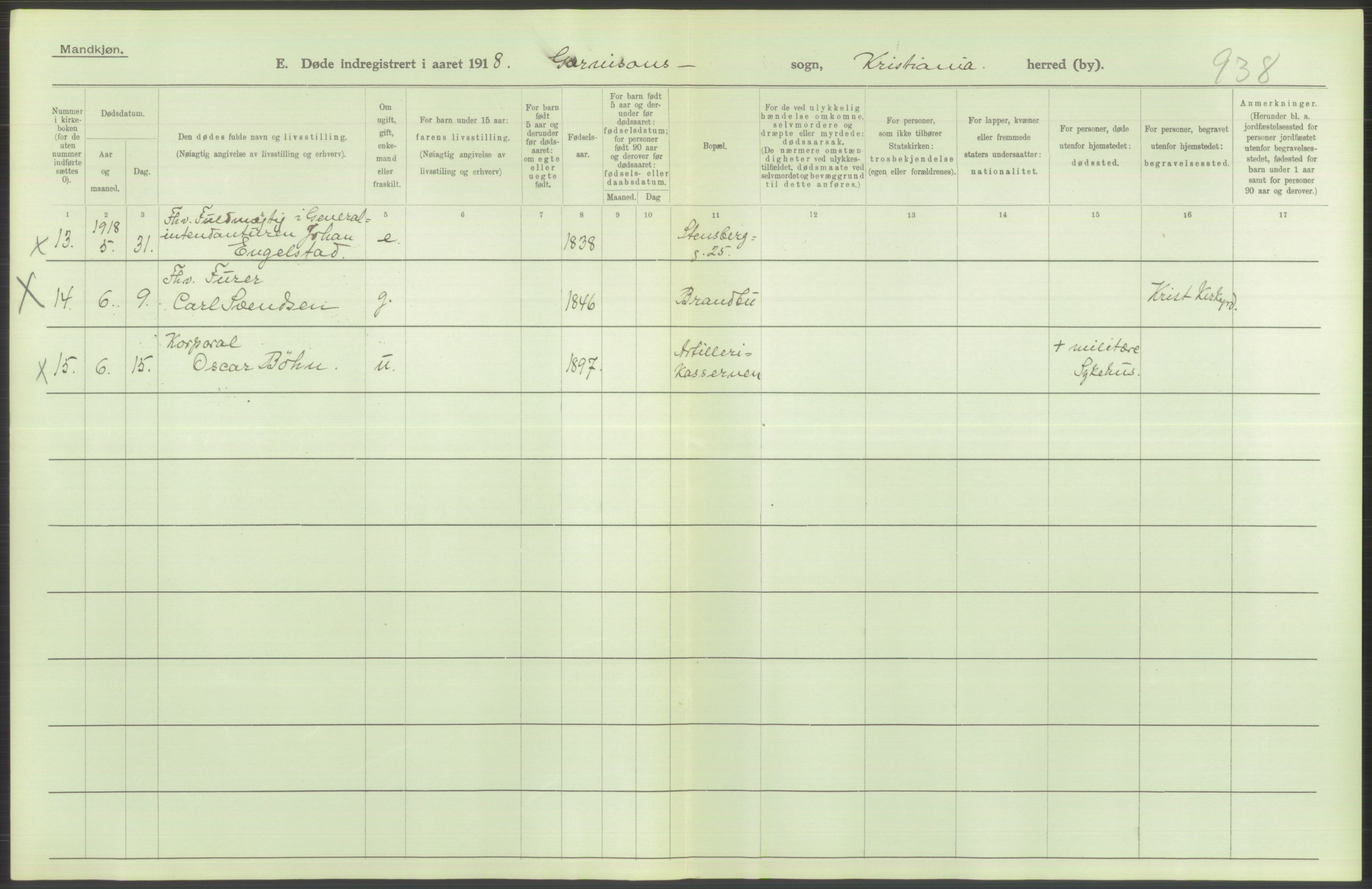 Statistisk sentralbyrå, Sosiodemografiske emner, Befolkning, AV/RA-S-2228/D/Df/Dfb/Dfbh/L0011: Kristiania: Døde, dødfødte, 1918, s. 232