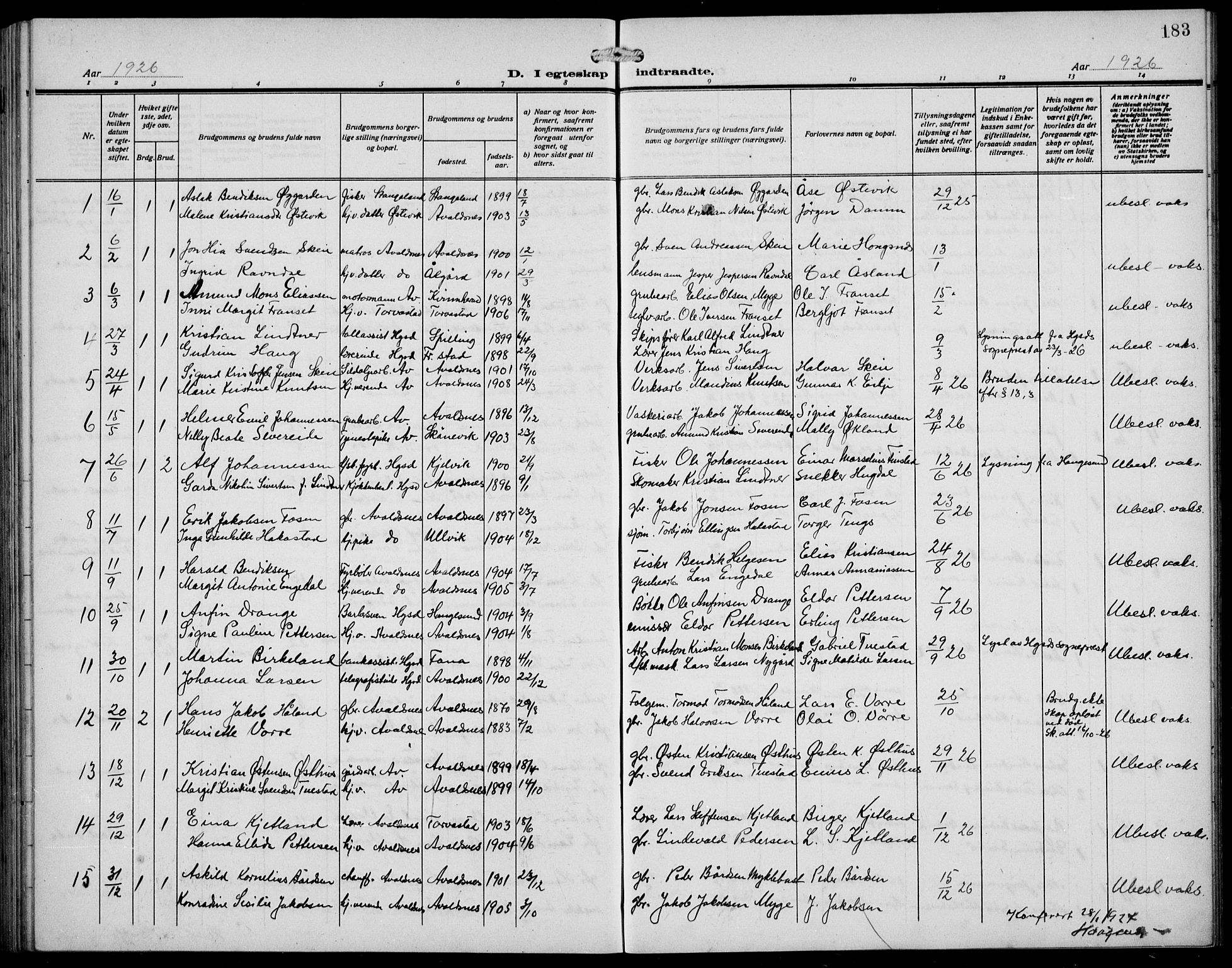 Avaldsnes sokneprestkontor, SAST/A -101851/H/Ha/Hab/L0008: Klokkerbok nr. B 8, 1910-1939, s. 183