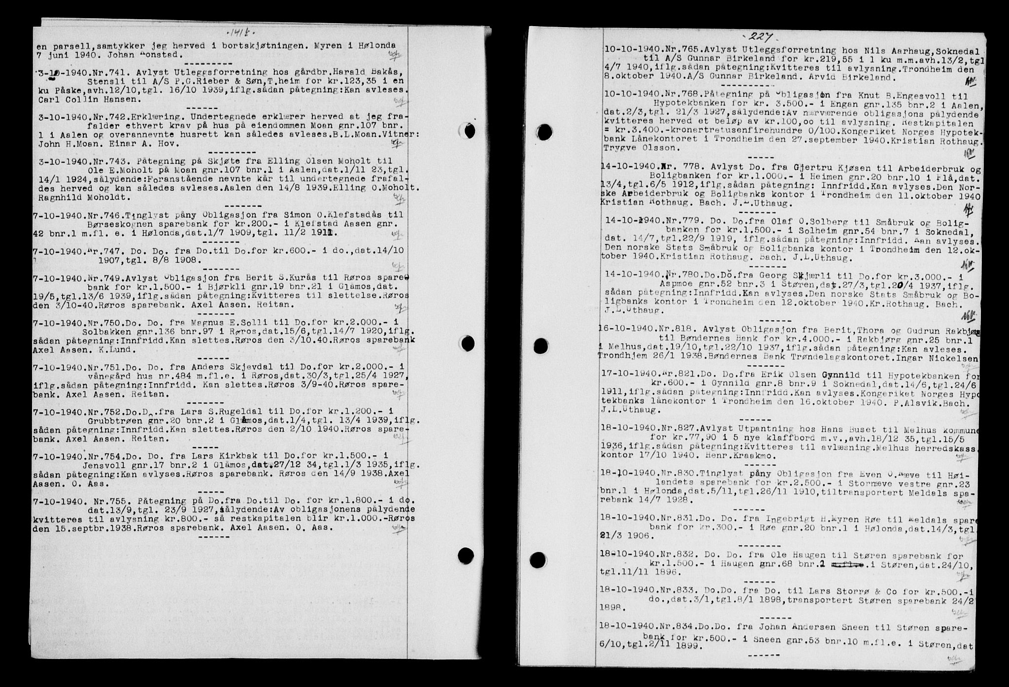 Gauldal sorenskriveri, SAT/A-0014/1/2/2C/L0052: Pantebok nr. 57, 1940-1941, Dagboknr: 741/1940