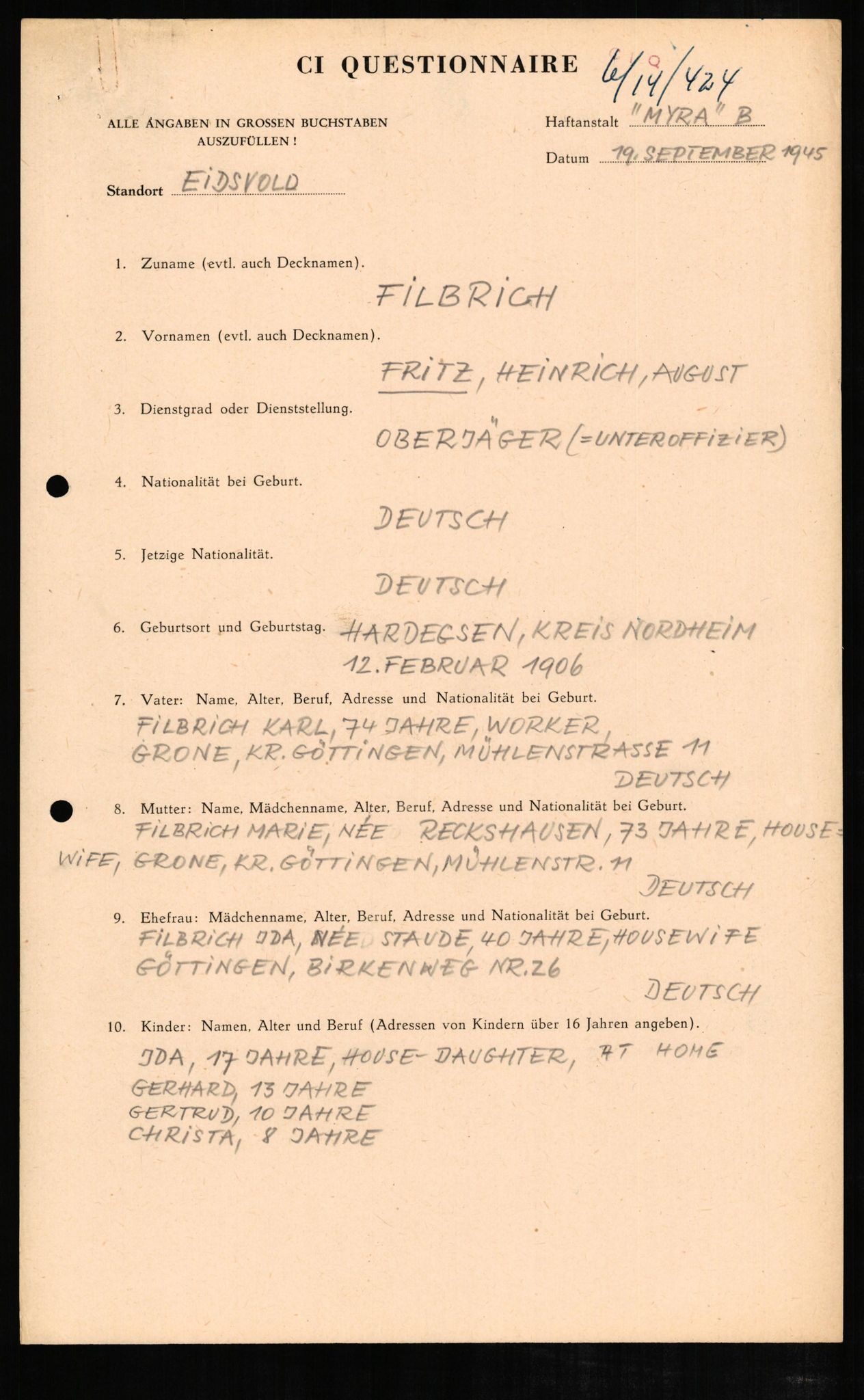 Forsvaret, Forsvarets overkommando II, RA/RAFA-3915/D/Db/L0008: CI Questionaires. Tyske okkupasjonsstyrker i Norge. Tyskere., 1945-1946, s. 67