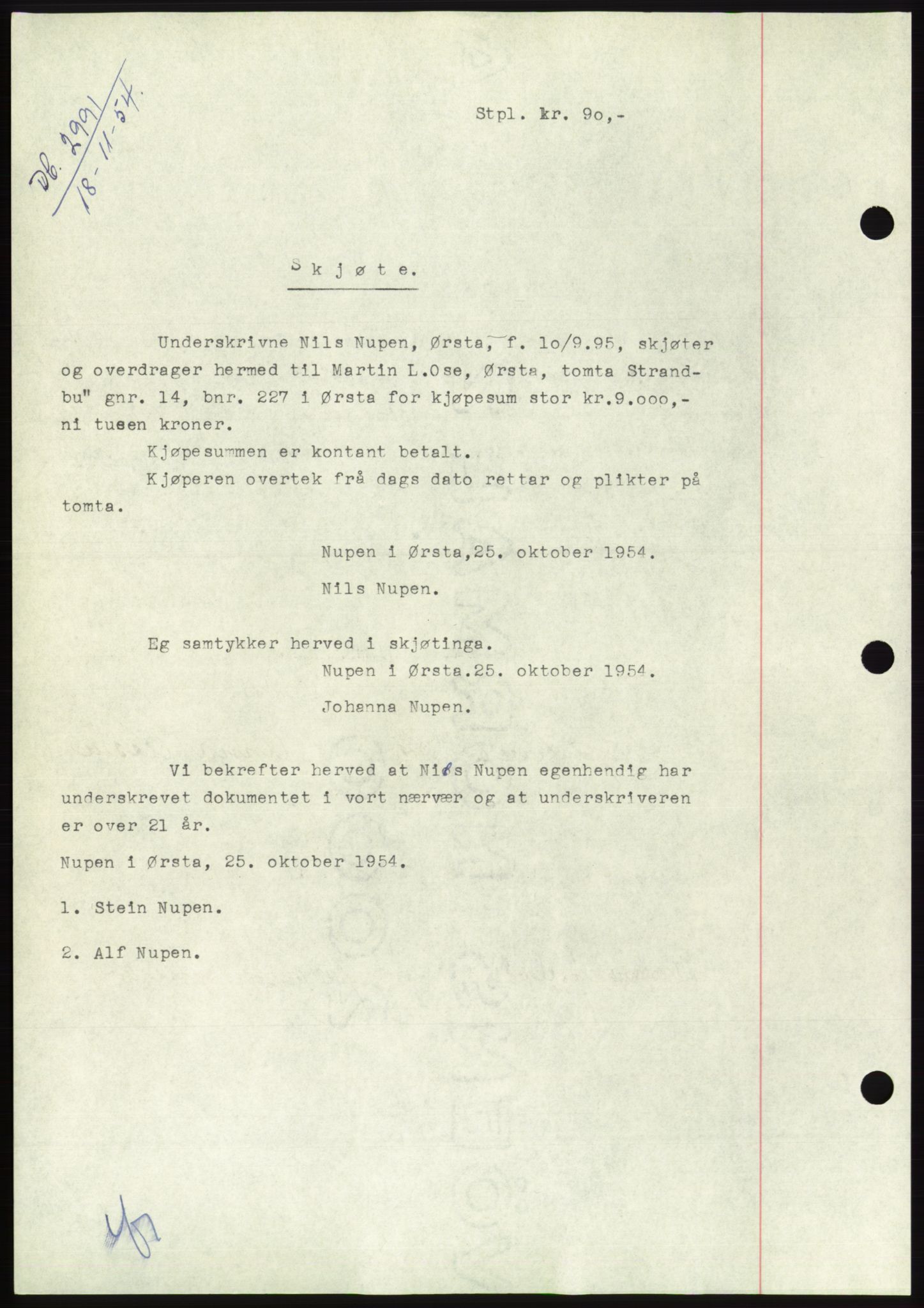 Søre Sunnmøre sorenskriveri, AV/SAT-A-4122/1/2/2C/L0099: Pantebok nr. 25A, 1954-1954, Dagboknr: 2991/1954