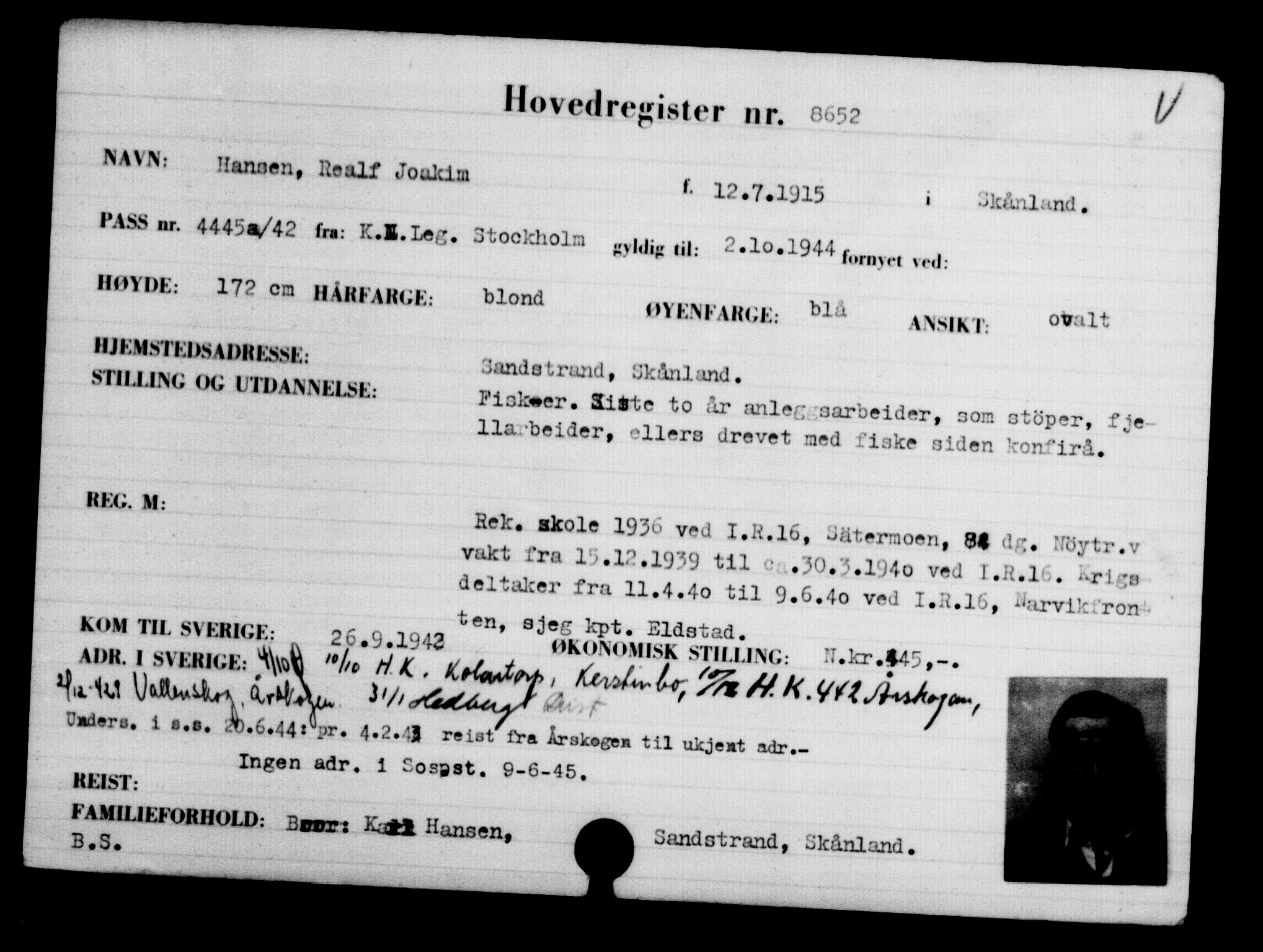 Utenriksstasjonene, Legasjonen i Stockholm, Flyktningkontoret, AV/RA-S-6753/V/Va/L0005: Kjesäterkartoteket, flyktninger med registreringsnr. 6600-9417, 1940-1945, s. 2399