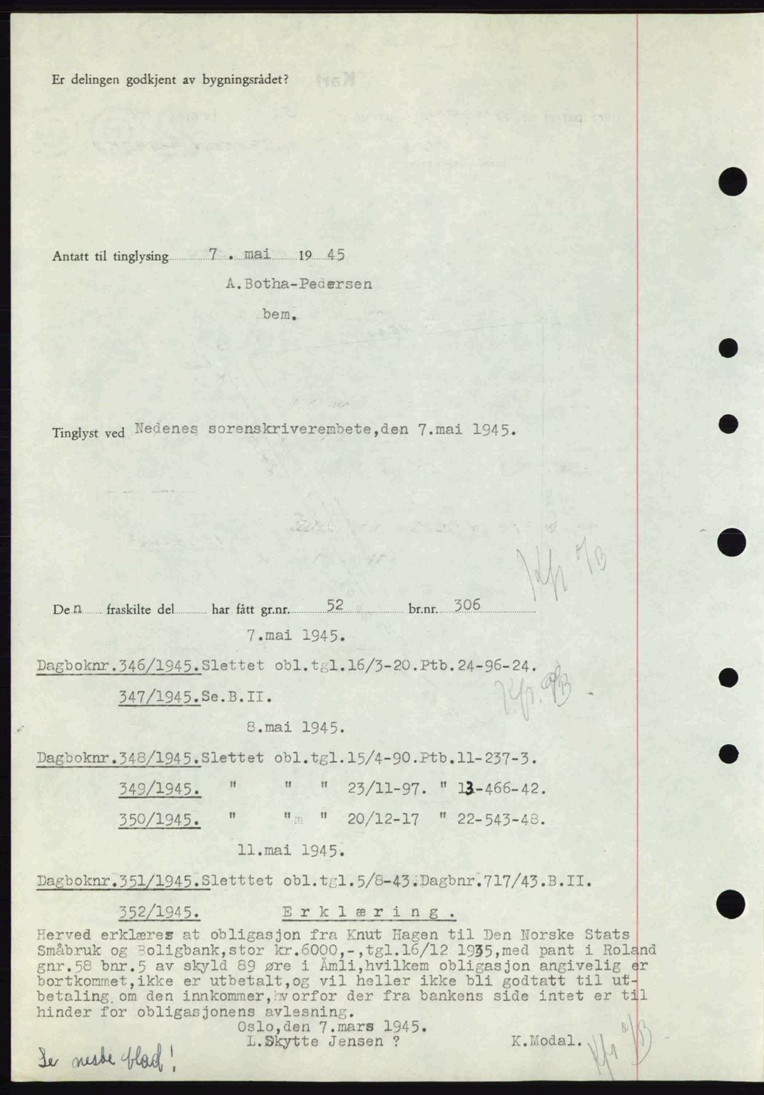 Nedenes sorenskriveri, SAK/1221-0006/G/Gb/Gba/L0052: Pantebok nr. A6a, 1944-1945, Dagboknr: 345/1945