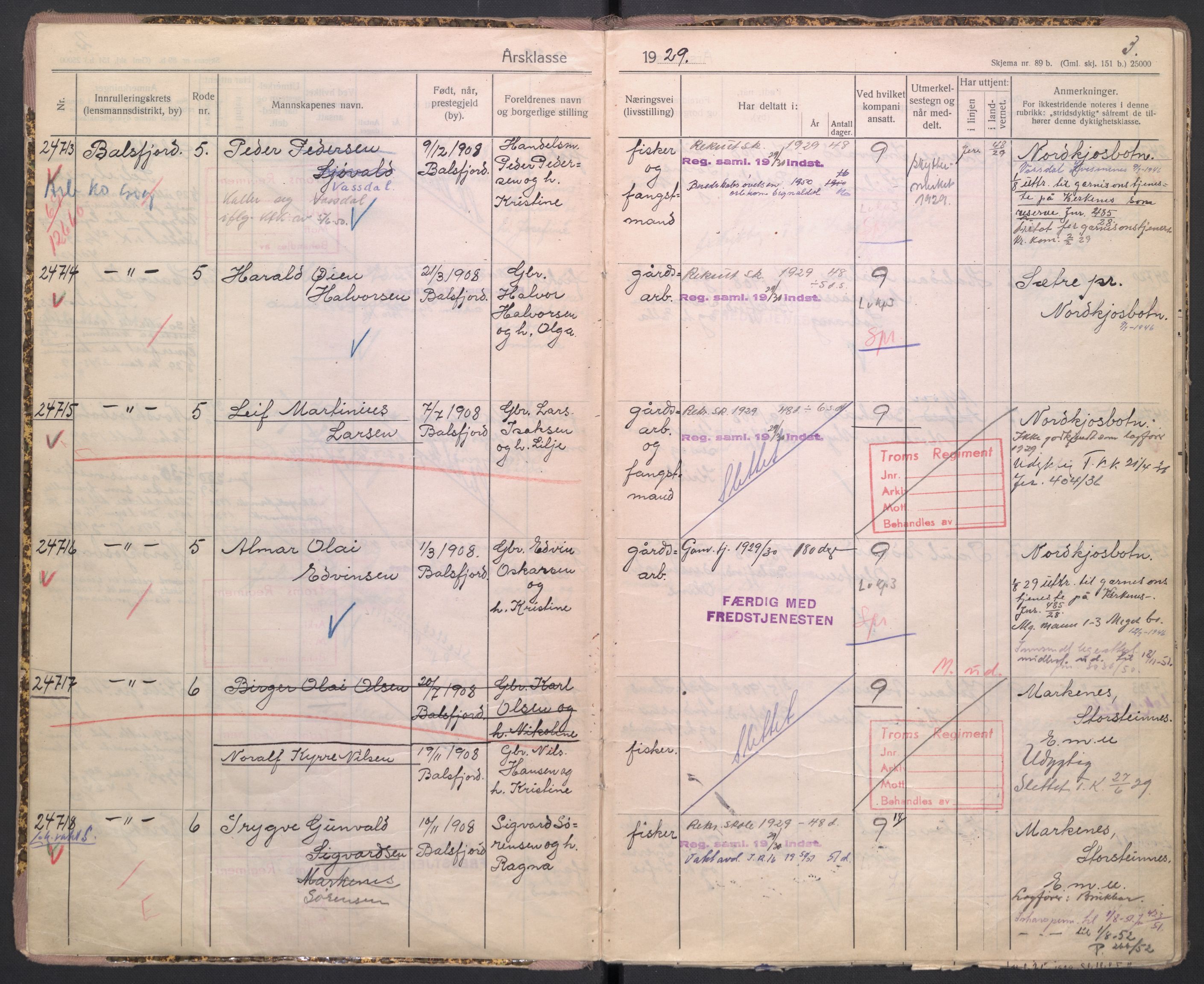 Forsvaret, Troms infanteriregiment nr. 16, AV/RA-RAFA-3146/P/Pa/L0005/0002: Ruller / Rulle for Lyngen bataljons menige mannskaper, årsklasse 1929, 1929, s. 3