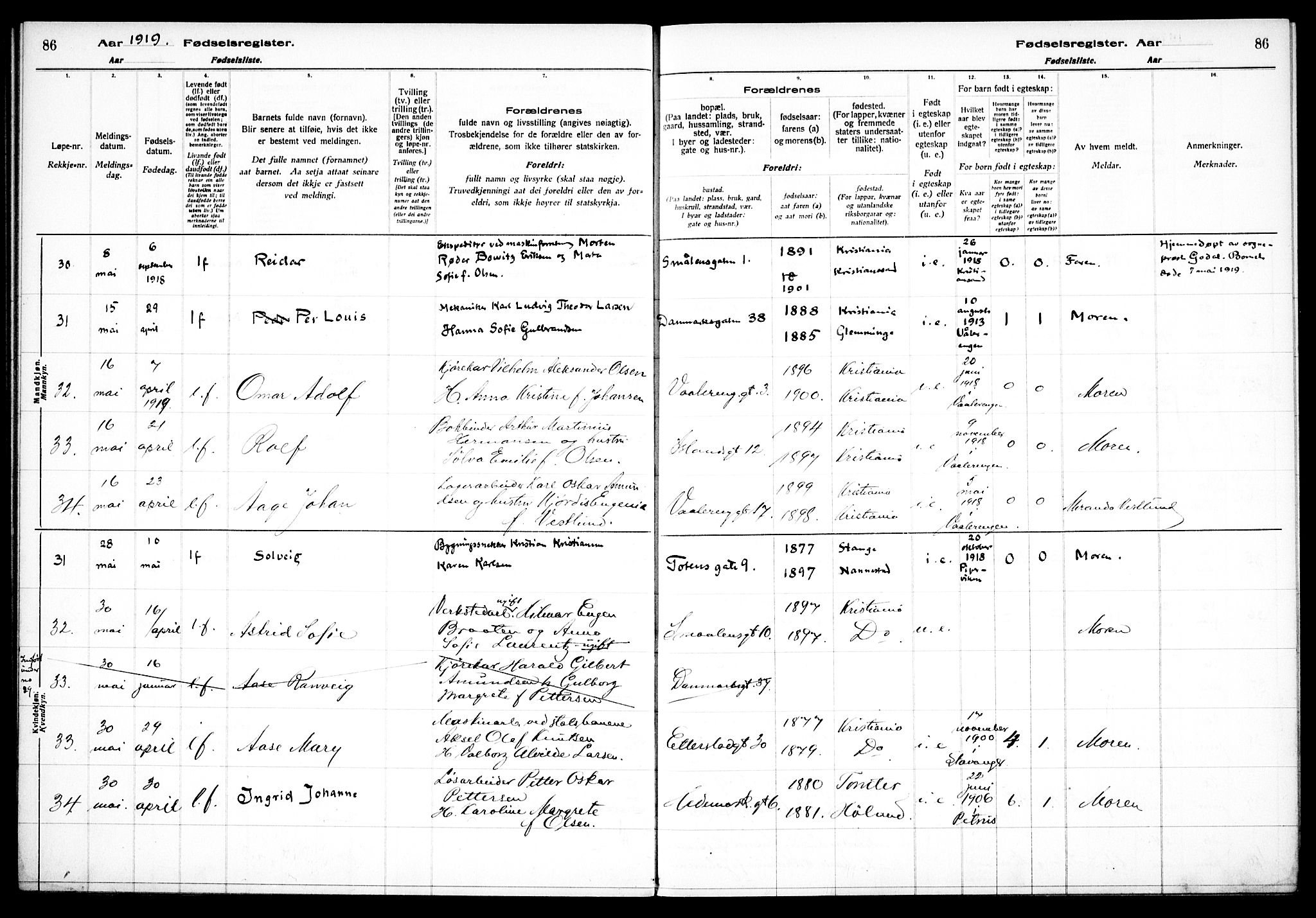 Vålerengen prestekontor Kirkebøker, AV/SAO-A-10878/J/Ja/L0001: Fødselsregister nr. 1, 1916-1924, s. 86