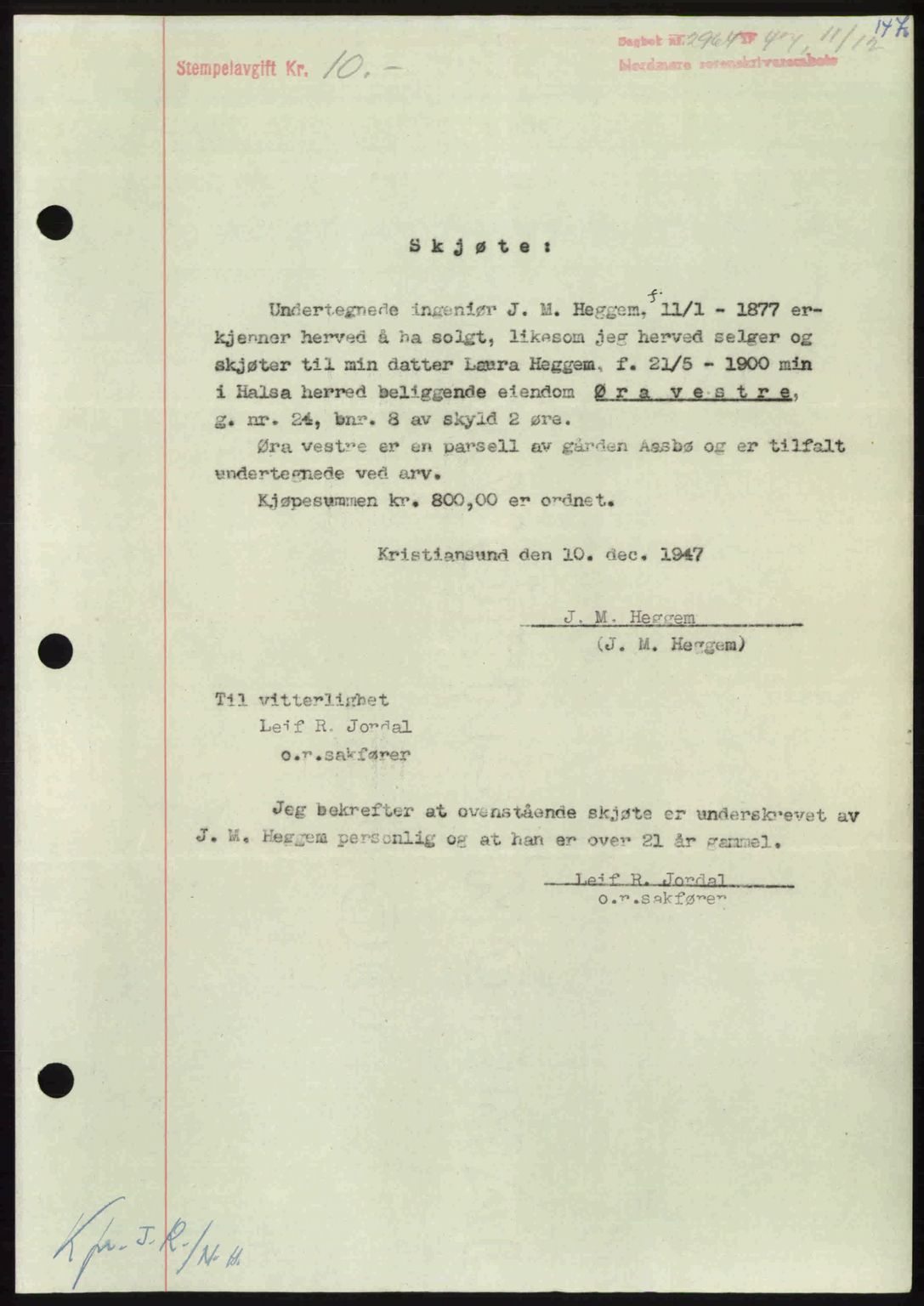 Nordmøre sorenskriveri, SAT/A-4132/1/2/2Ca: Pantebok nr. A107, 1947-1948, Dagboknr: 2964/1947