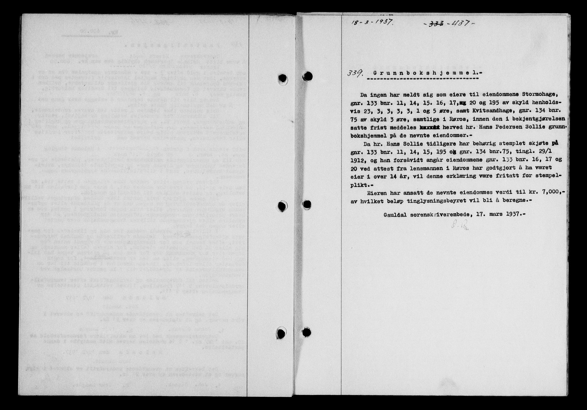 Gauldal sorenskriveri, SAT/A-0014/1/2/2C/L0047: Pantebok nr. 50-51, 1937-1937, Dagboknr: 339/1937