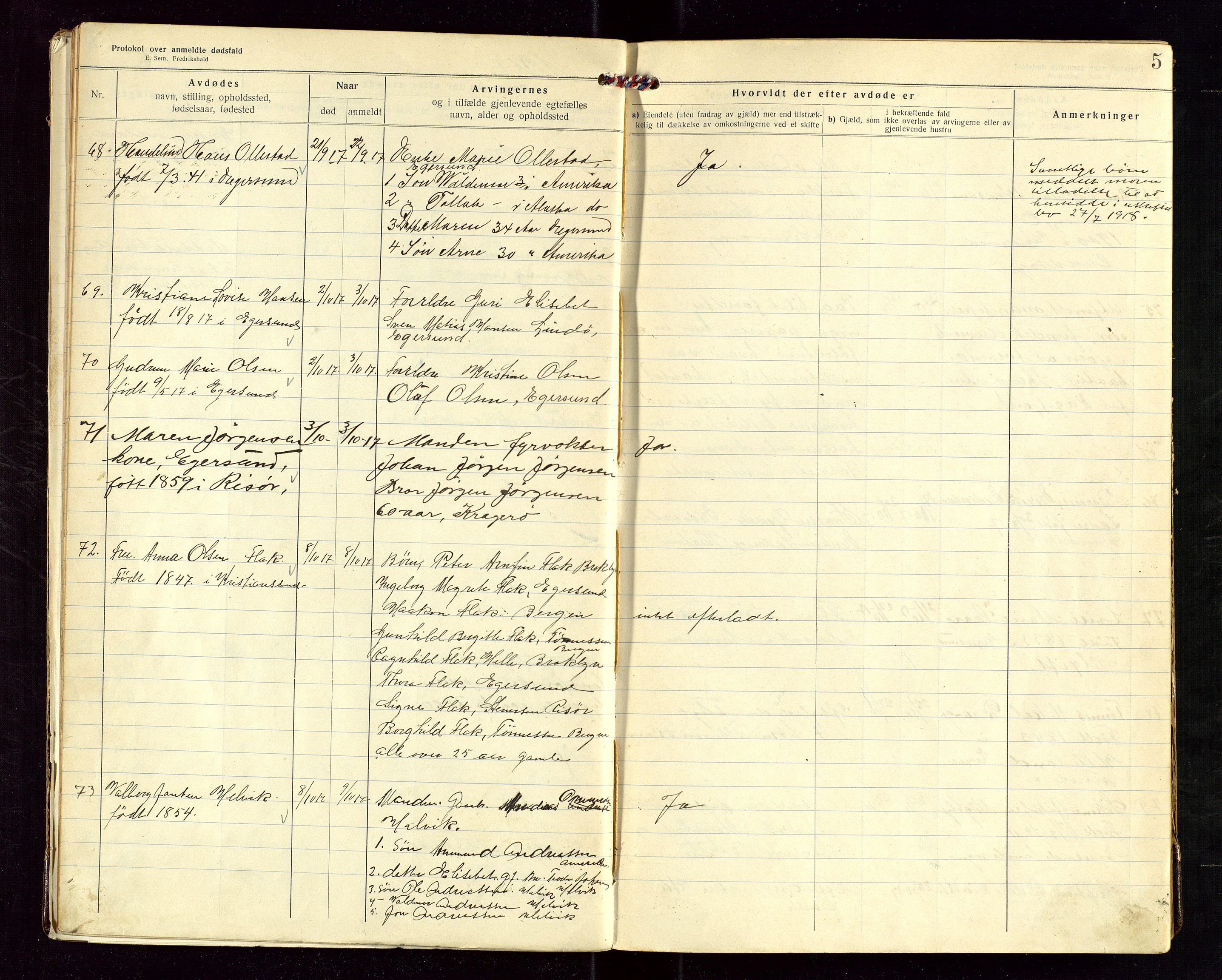 Eigersund lensmannskontor, AV/SAST-A-100171/Gga/L0007: "Protokol over anmeldte dødsfald" m/alfabetisk navneregister, 1917-1920, s. 5