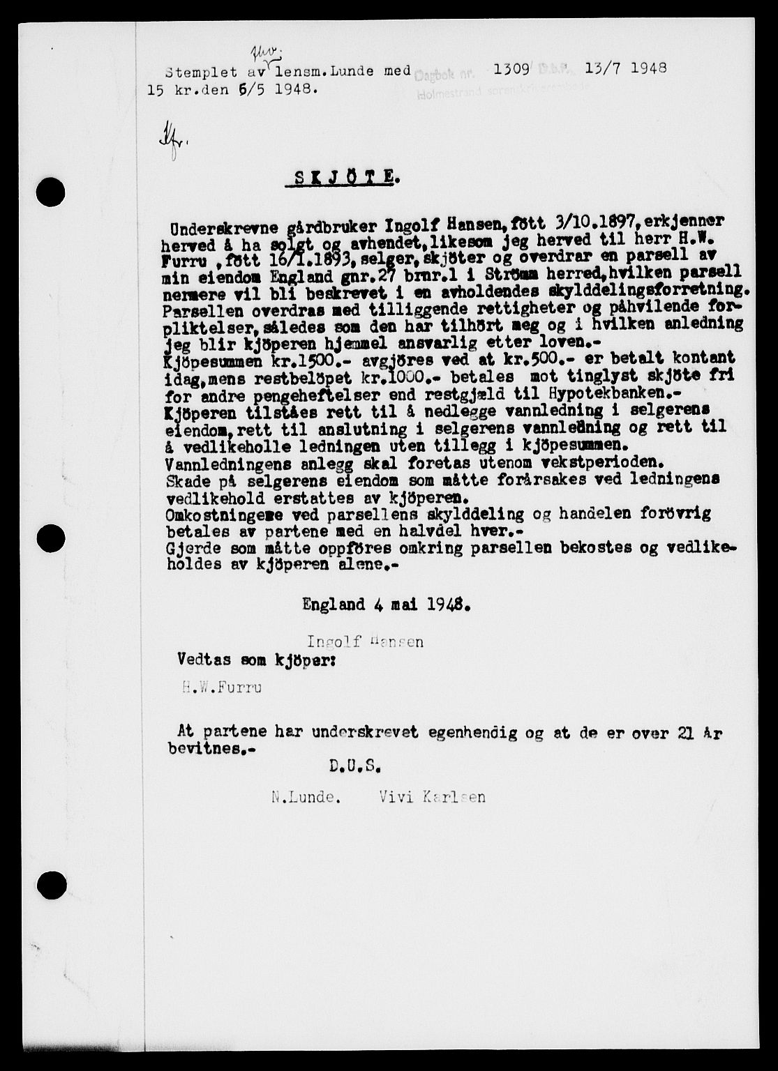 Holmestrand sorenskriveri, SAKO/A-67/G/Ga/Gaa/L0064: Pantebok nr. A-64, 1948-1948, Dagboknr: 1309/1948