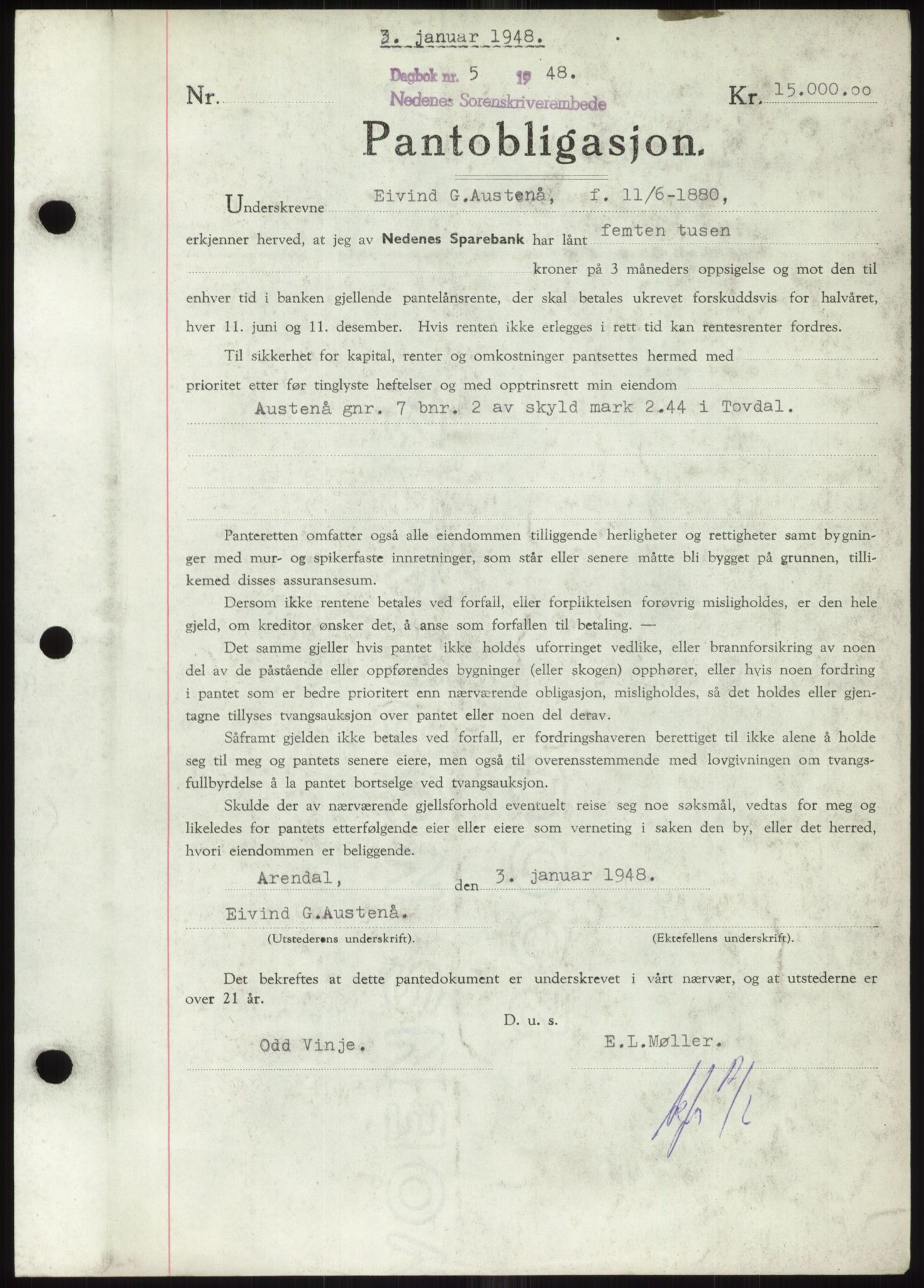 Nedenes sorenskriveri, AV/SAK-1221-0006/G/Gb/Gbb/L0005: Pantebok nr. B5, 1948-1948, Dagboknr: 5/1948