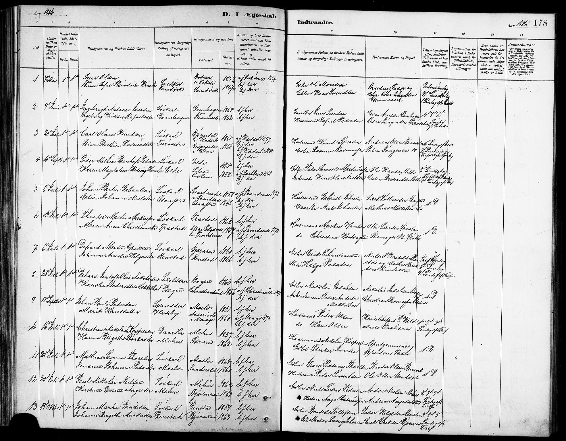 Kvæfjord sokneprestkontor, AV/SATØ-S-1323/G/Ga/Gab/L0005klokker: Klokkerbok nr. 5, 1886-1911, s. 178