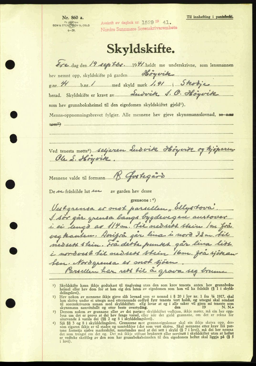 Nordre Sunnmøre sorenskriveri, AV/SAT-A-0006/1/2/2C/2Ca: Pantebok nr. A11, 1941-1941, Dagboknr: 1529/1941