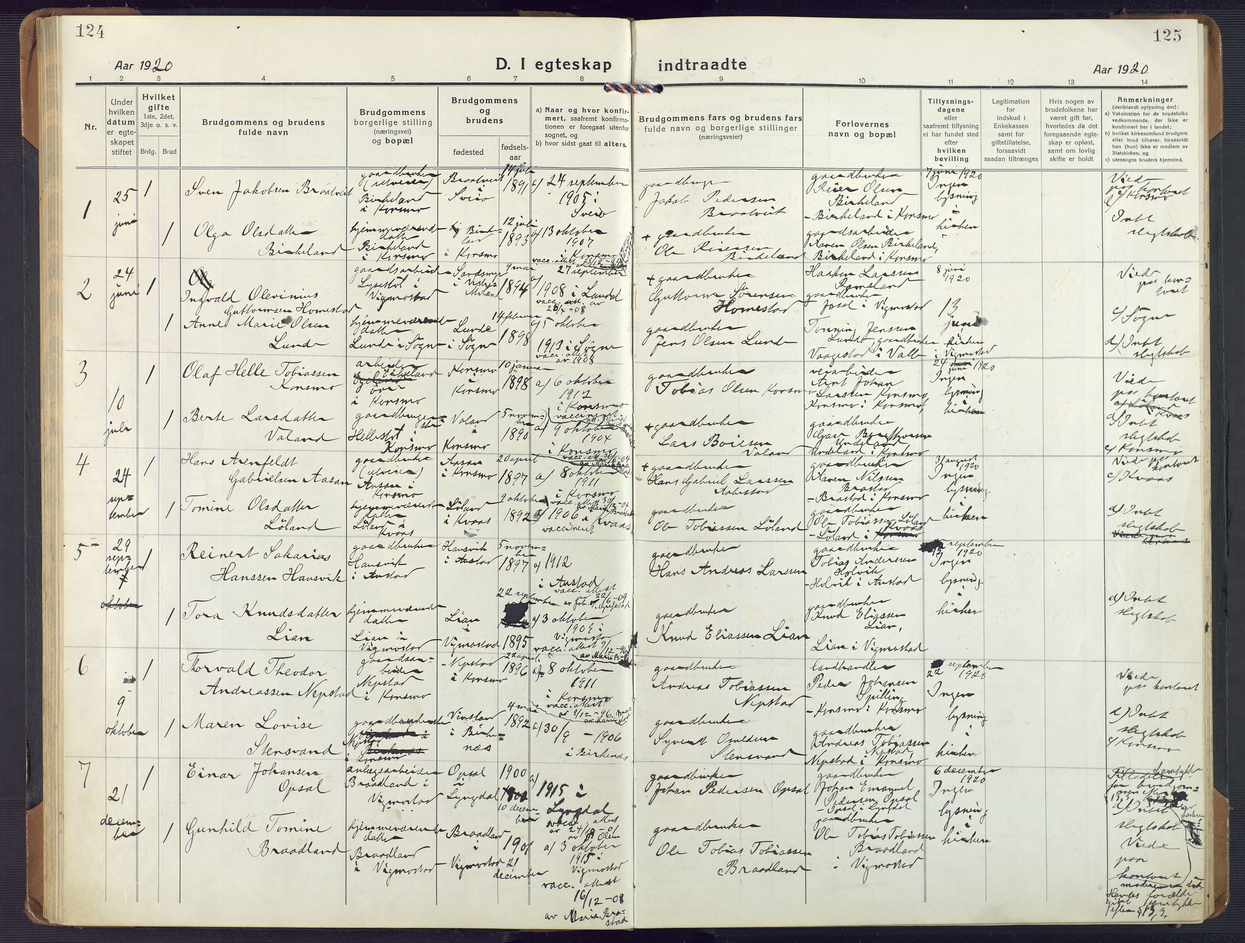 Nord-Audnedal sokneprestkontor, AV/SAK-1111-0032/F/Fa/Fab/L0005: Ministerialbok nr. A 5, 1918-1925, s. 124-125