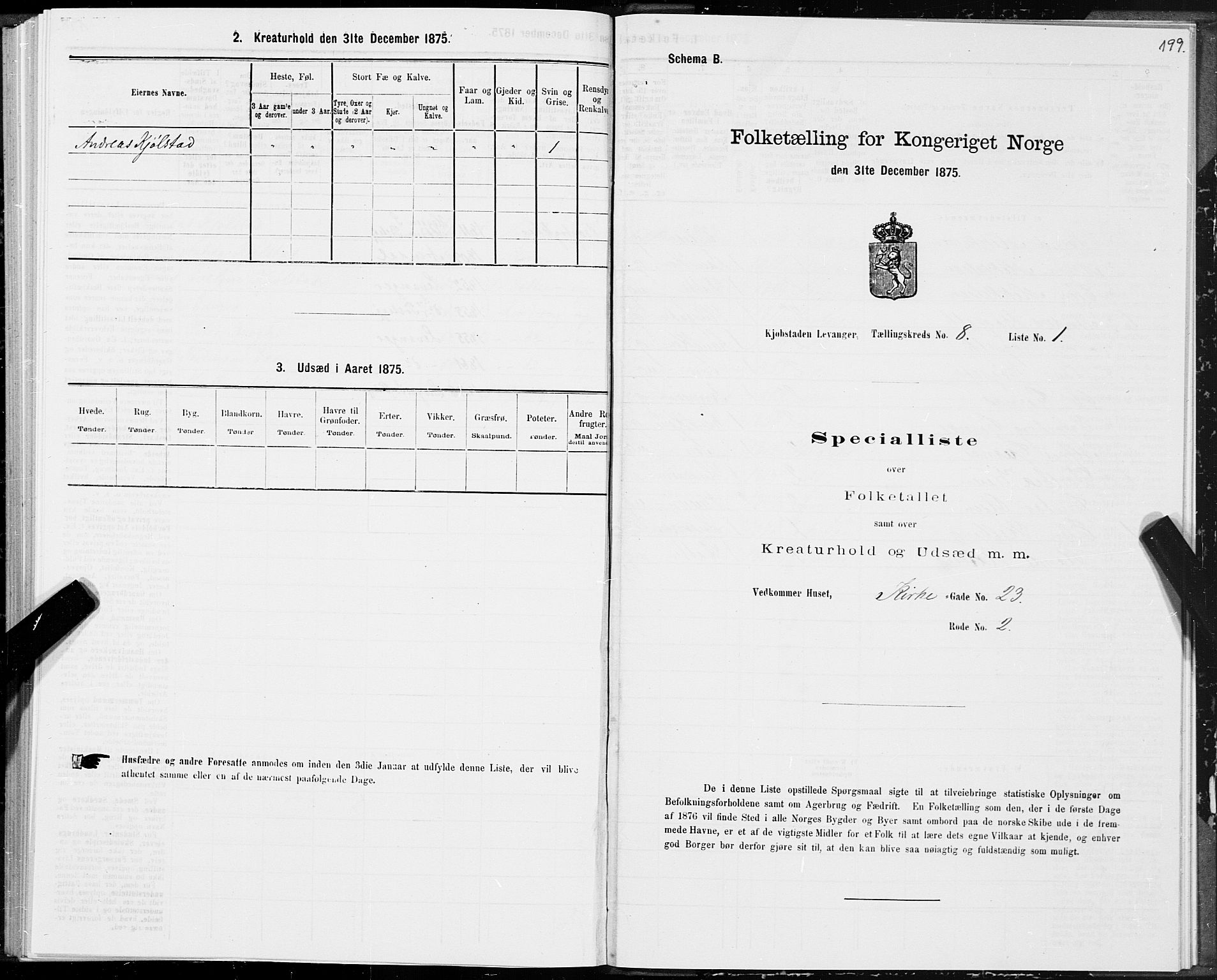 SAT, Folketelling 1875 for 1701B Levanger prestegjeld, Levanger kjøpstad, 1875, s. 199