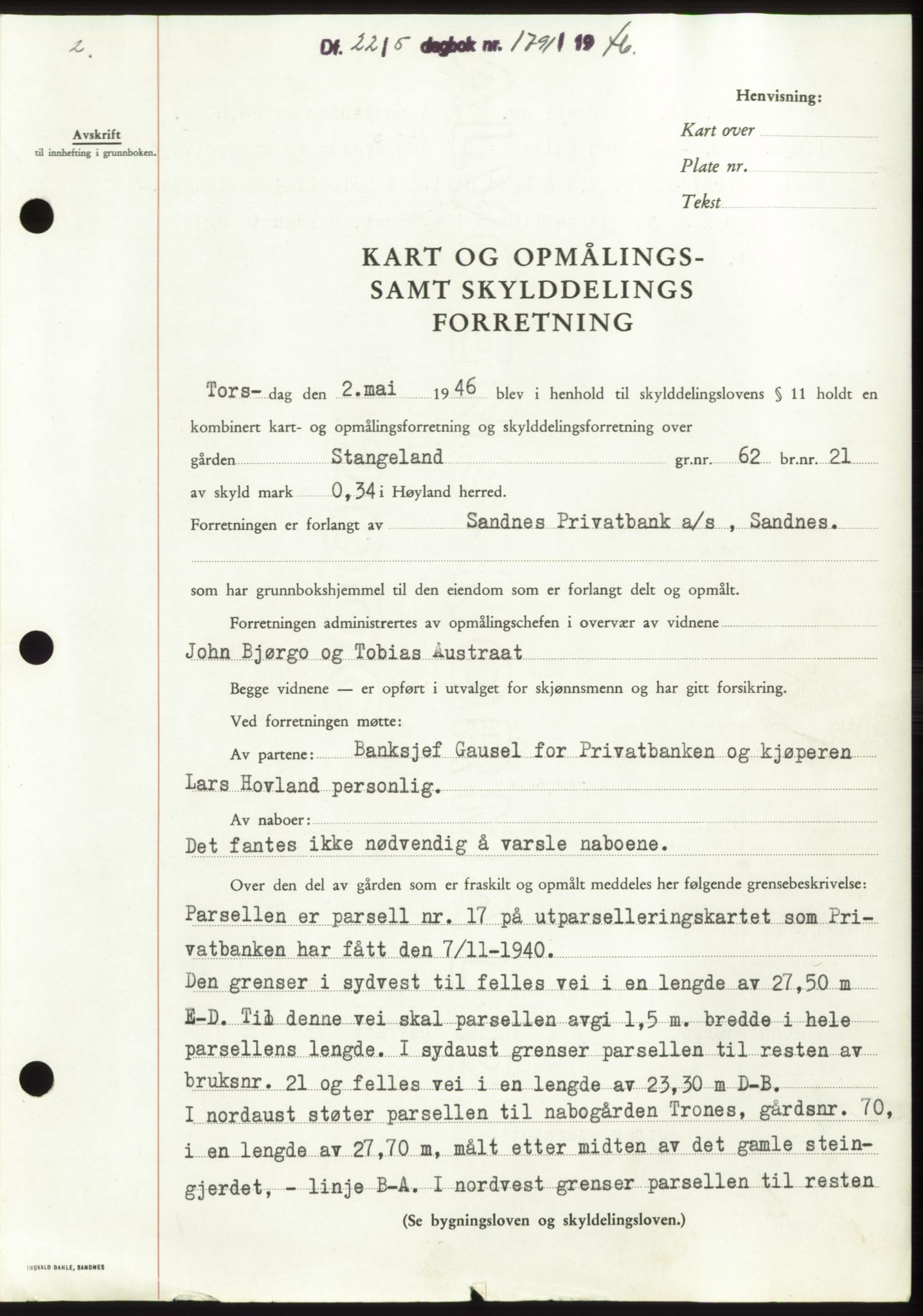 Jæren sorenskriveri, SAST/A-100310/03/G/Gba/L0090: Pantebok, 1946-1946, Dagboknr: 1791/1946
