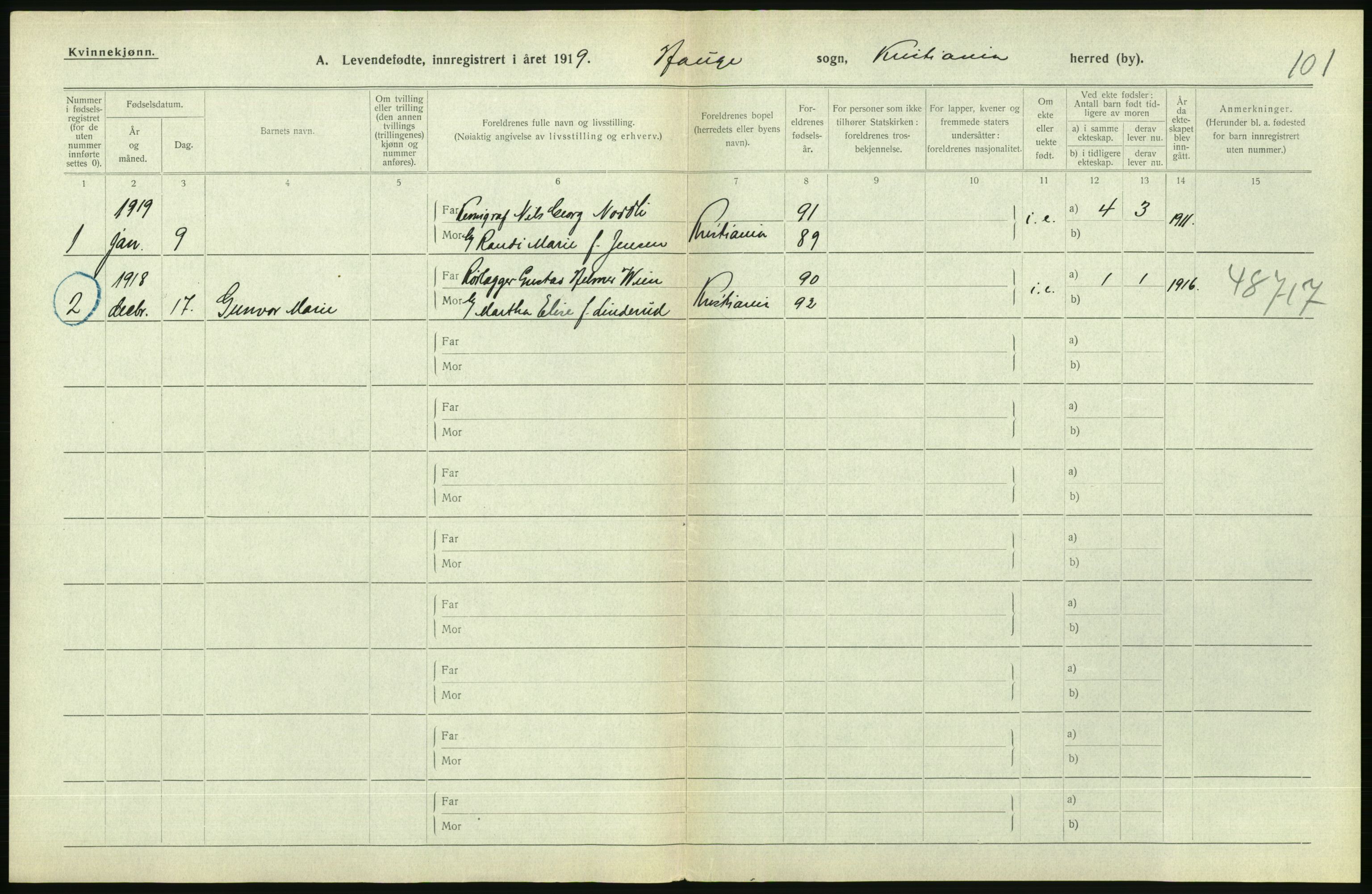 Statistisk sentralbyrå, Sosiodemografiske emner, Befolkning, AV/RA-S-2228/D/Df/Dfb/Dfbi/L0008: Kristiania: Levendefødte menn og kvinner., 1919