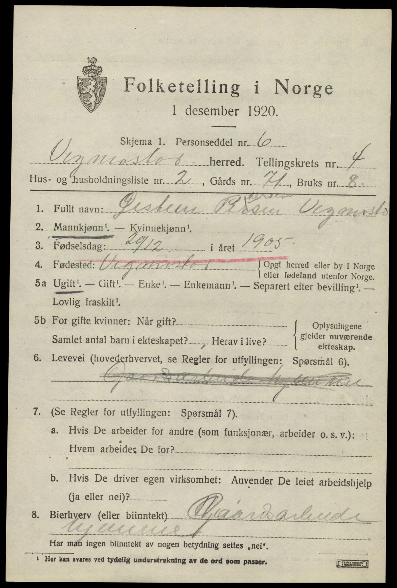 SAK, Folketelling 1920 for 1028 Vigmostad herred, 1920, s. 1223