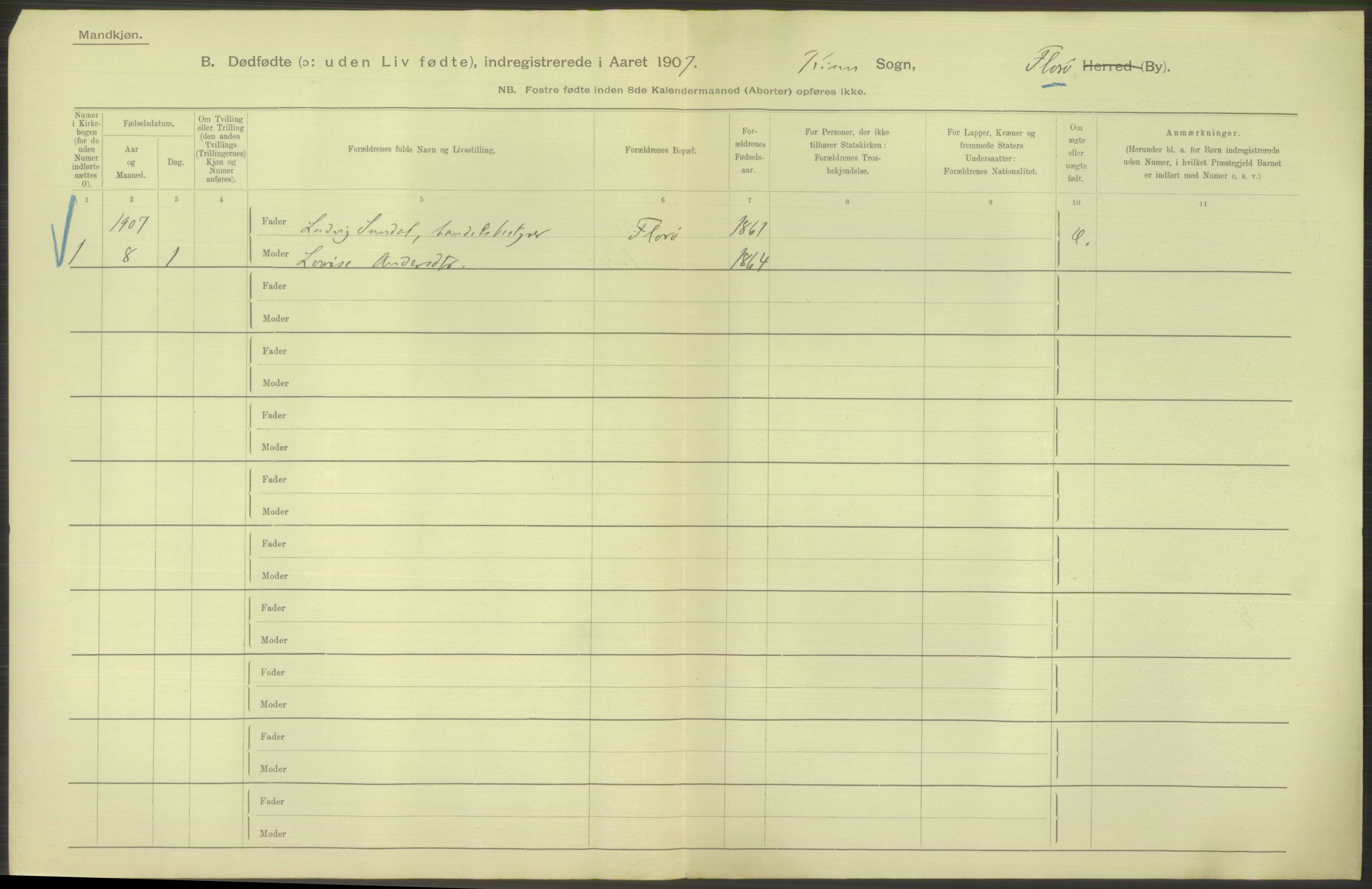 Statistisk sentralbyrå, Sosiodemografiske emner, Befolkning, AV/RA-S-2228/D/Df/Dfa/Dfae/L0034: Florø by: Levendefødte menn og kvinner, gifte, døde, dødfødte., 1907, s. 10