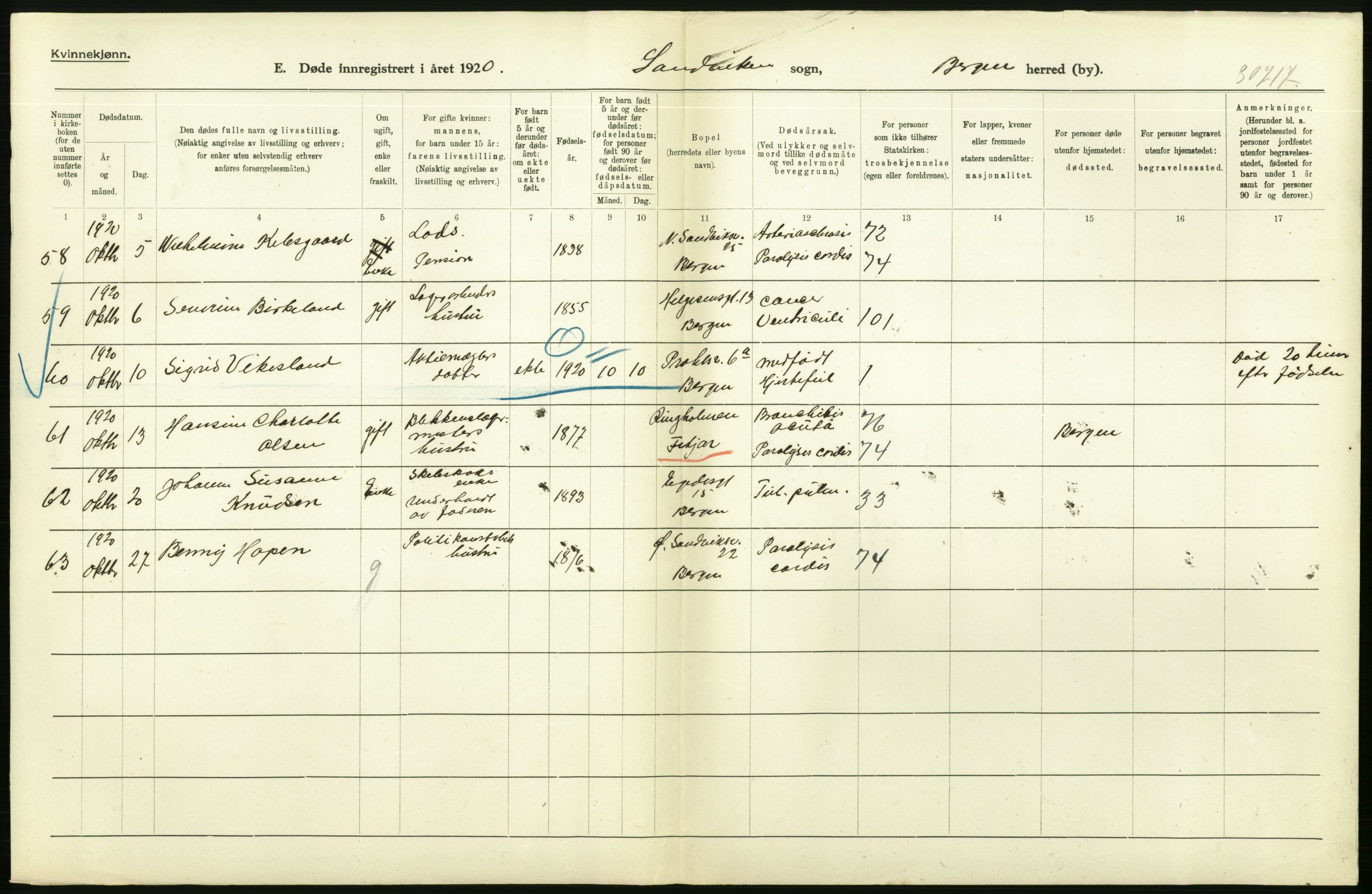 Statistisk sentralbyrå, Sosiodemografiske emner, Befolkning, AV/RA-S-2228/D/Df/Dfb/Dfbj/L0042: Bergen: Gifte, døde, dødfødte., 1920, s. 482