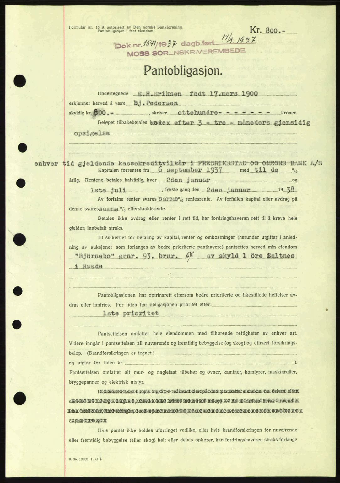 Moss sorenskriveri, SAO/A-10168: Pantebok nr. B4, 1937-1938, Dagboknr: 1541/1937