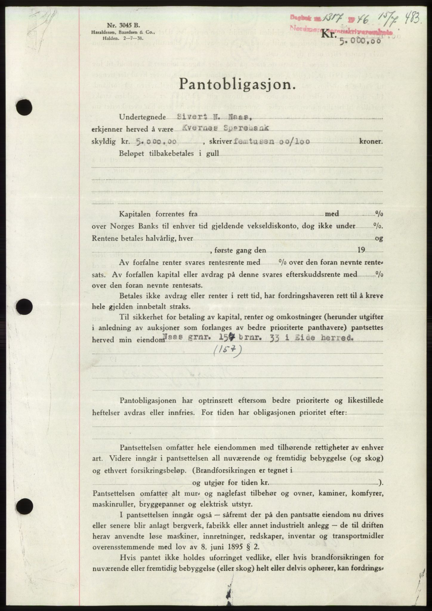 Nordmøre sorenskriveri, SAT/A-4132/1/2/2Ca: Pantebok nr. B94, 1946-1946, Dagboknr: 1317/1946