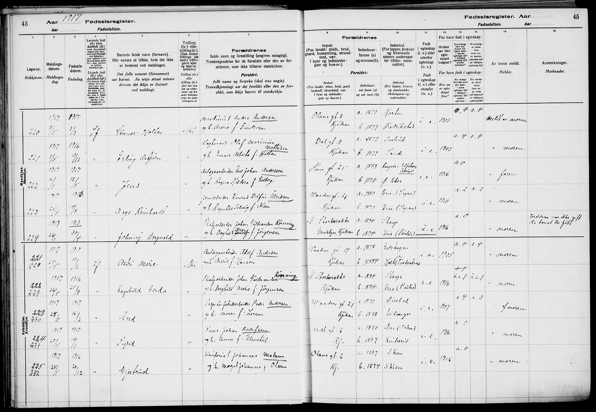 Rjukan kirkebøker, SAKO/A-294/J/Ja/L0001: Fødselsregister nr. 1, 1916-1922, s. 45