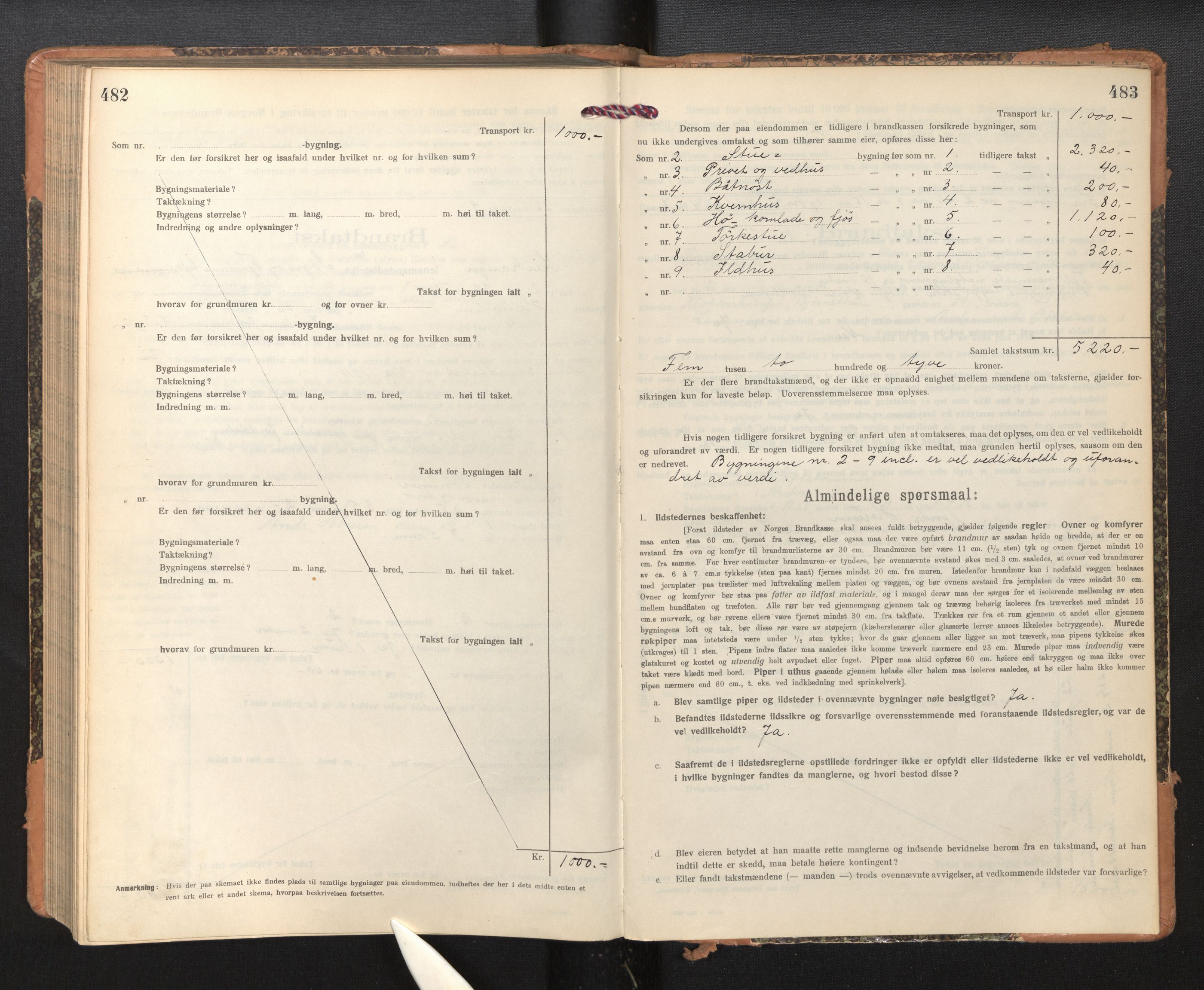 Lensmannen i Leikanger, AV/SAB-A-29201/0012/L0006: Branntakstprotokoll, skjematakst, 1920-1926, s. 482-483
