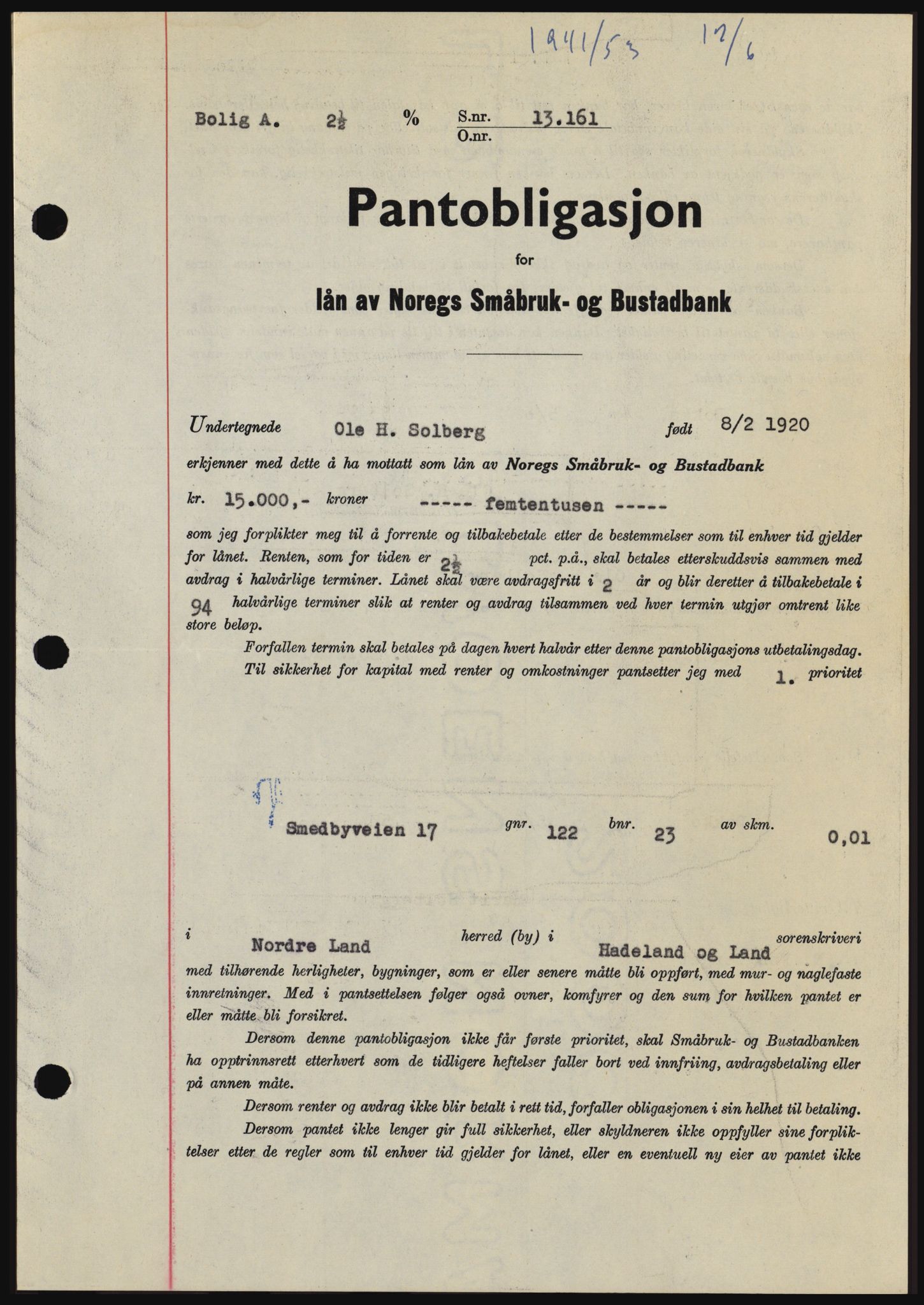 Hadeland og Land tingrett, SAH/TING-010/H/Hb/Hbc/L0027: Pantebok nr. B27, 1953-1953, Dagboknr: 1941/1953